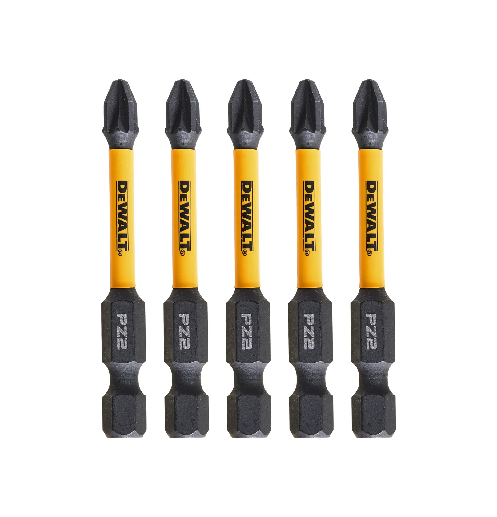 Cinco puntas de destornillador DEWALT PZ2 amarillas y negras alineadas verticalmente.