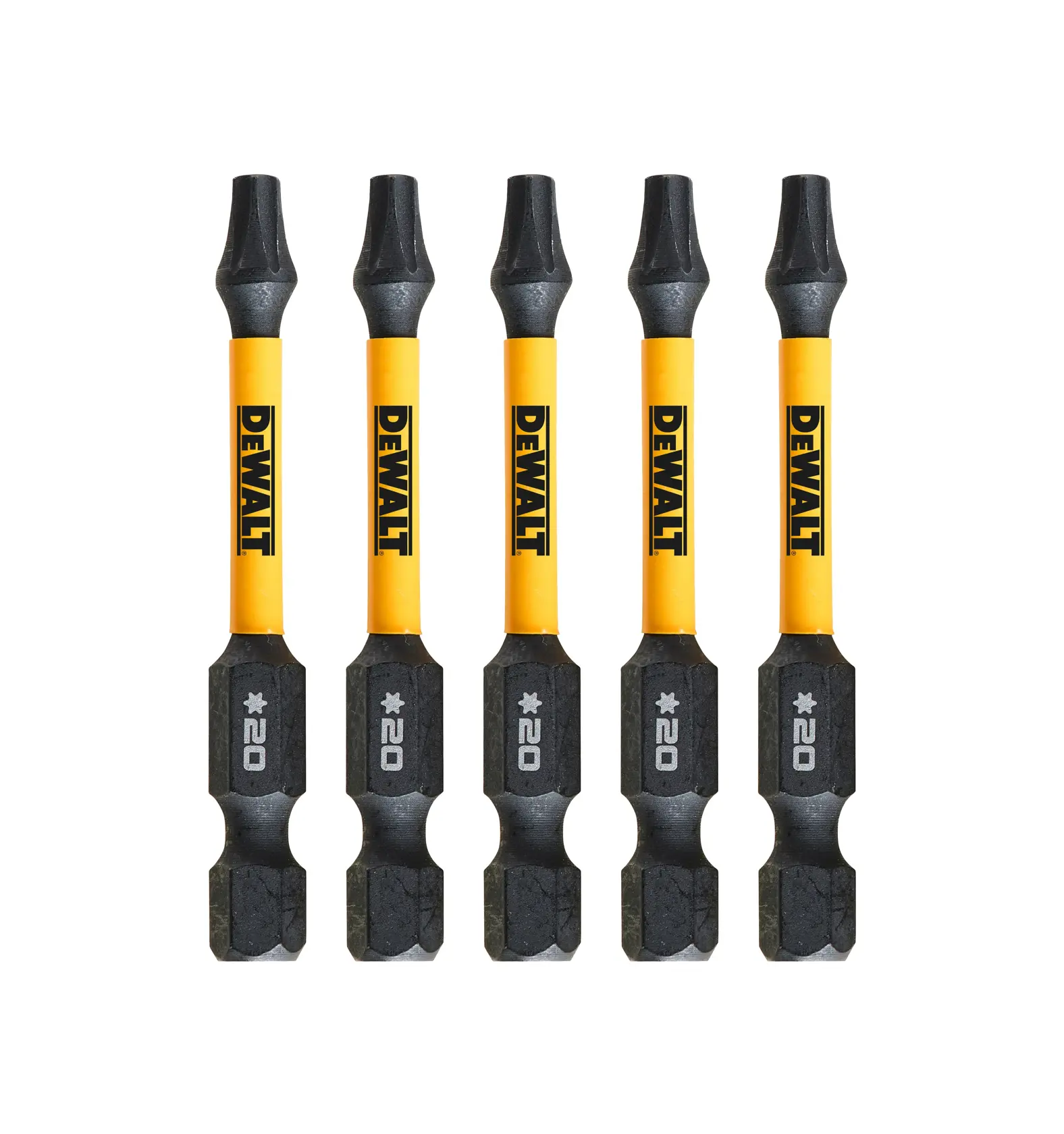 Five DEWALT T20 screwdriver bits with yellow and black design shown standing side by side.