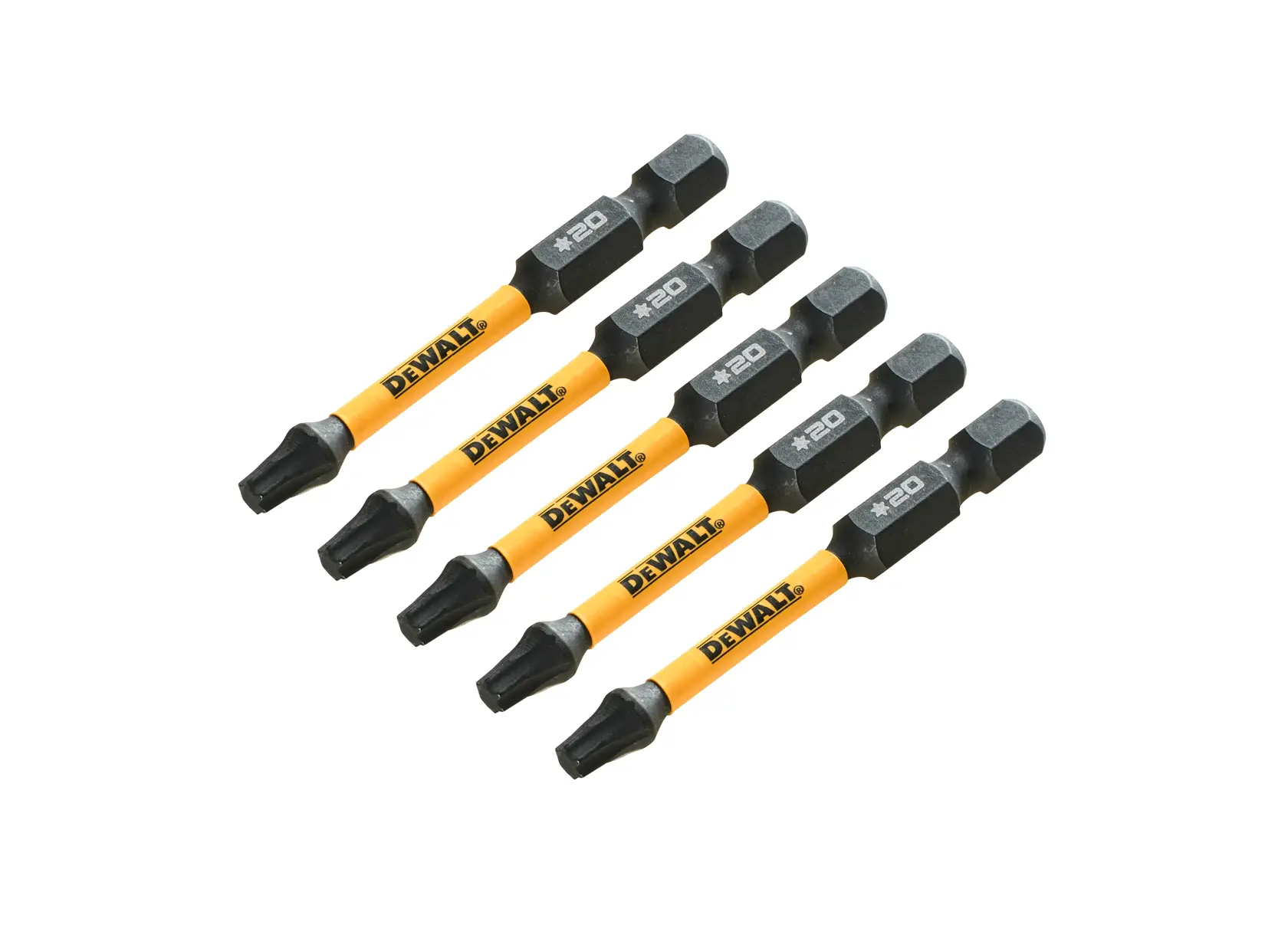 Five DEWALT screwdriver bits with yellow shafts and black tips, arranged in a row on a white background.