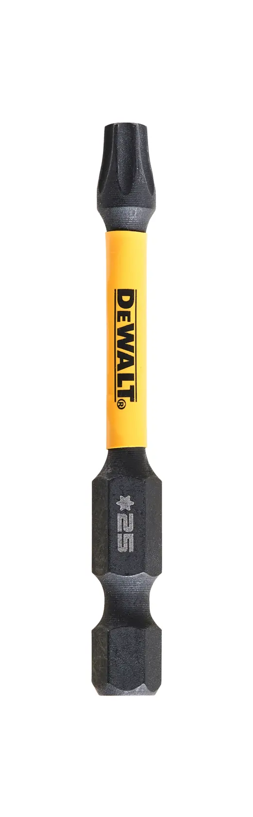 Punta de destornillador DEWALT DT7396T amarilla y negra, marcada #25, sobre fondo blanco.