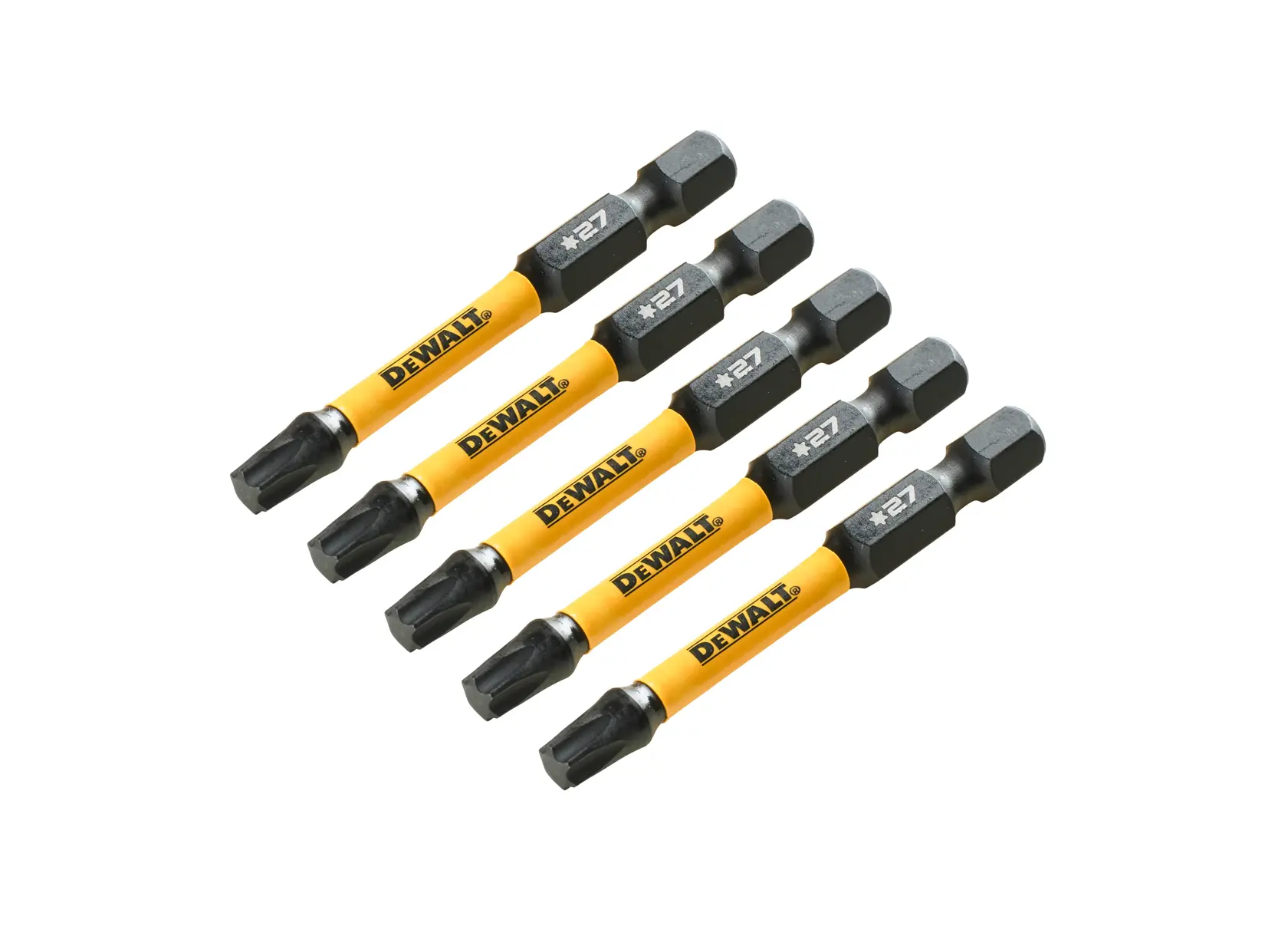 Fünf DEWALT Schrauberbits mit gelben Schäften, schräg angeordnet auf weißem Hintergrund.