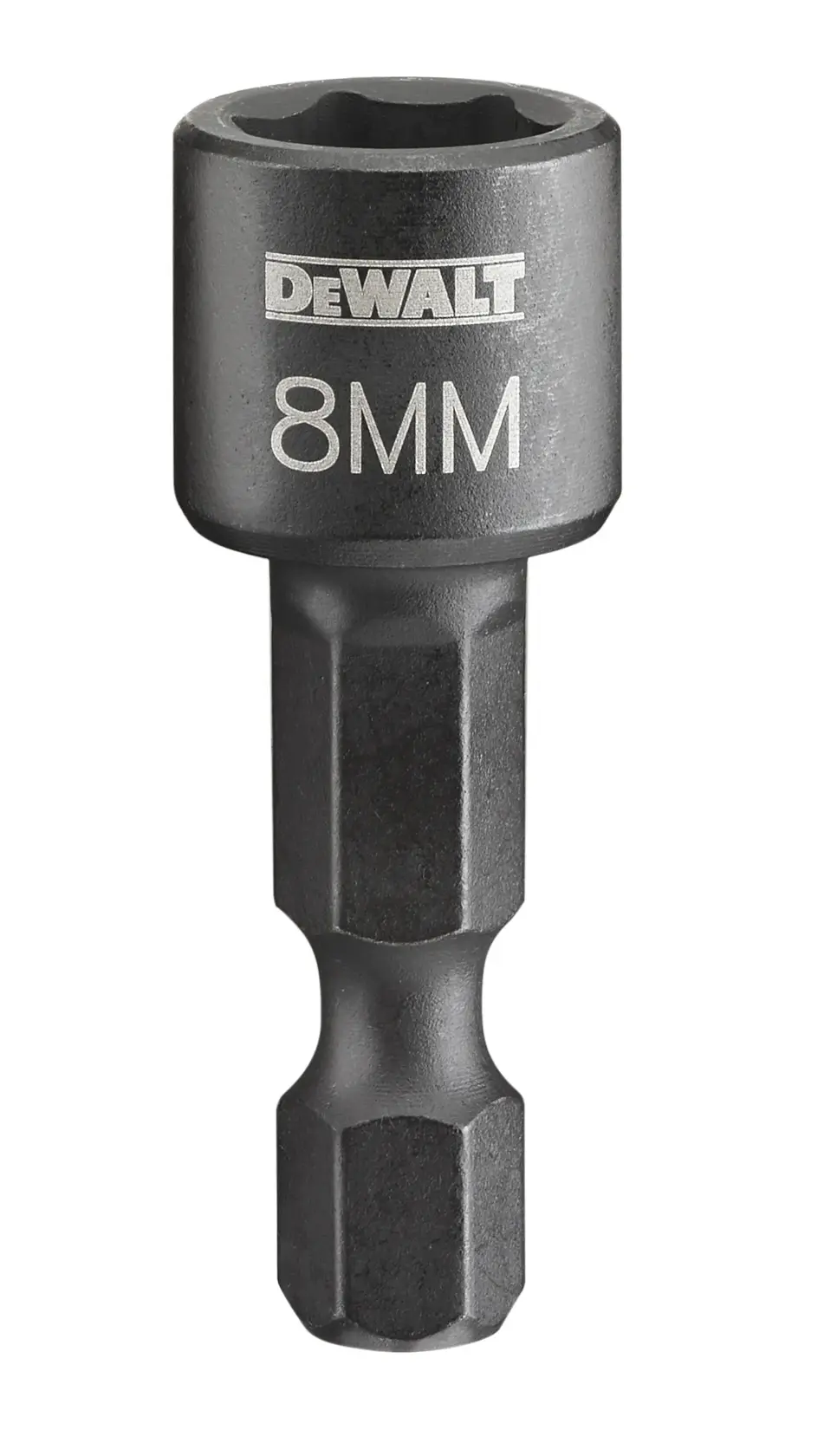 Una punta magnética para tuercas DEWALT de 8 mm, utilizada para aplicaciones de fijación y perforación.