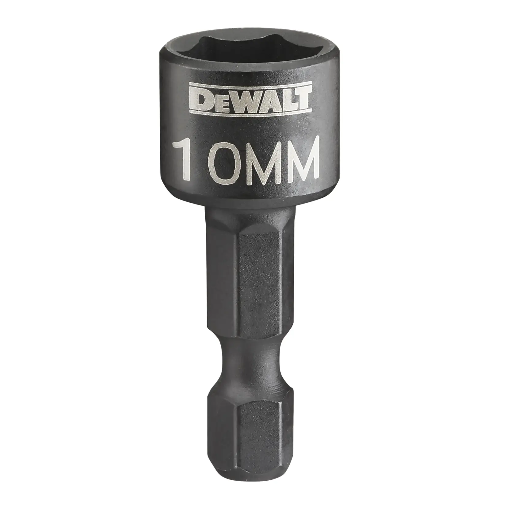 Una punta de destornillador de vaso hexagonal DEWALT de 10 mm con acabado negro, diseñada para usar con herramientas eléctricas.