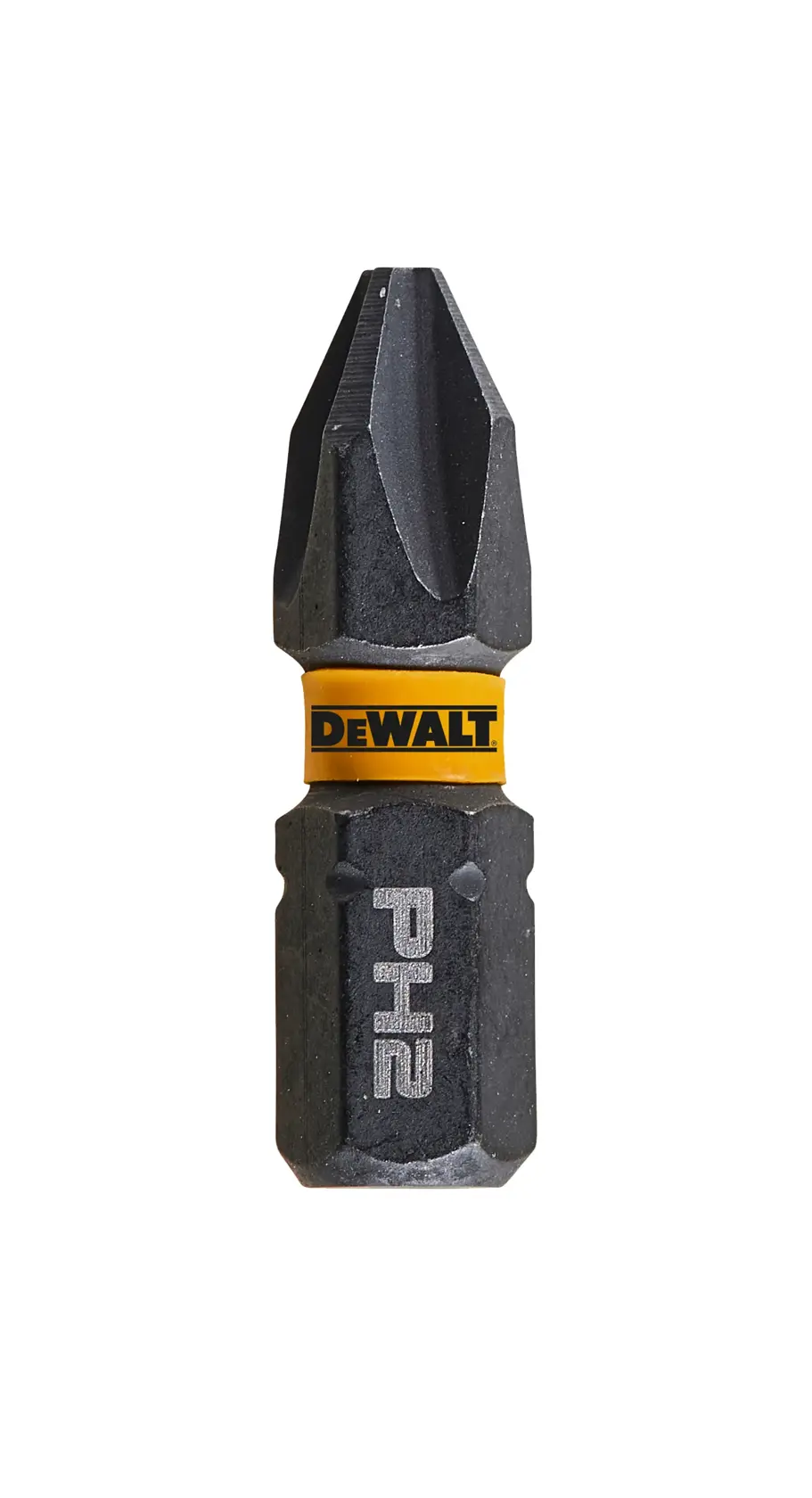 Punta de destornillador DEWALT PH2 con anillo amarillo sobre fondo blanco.