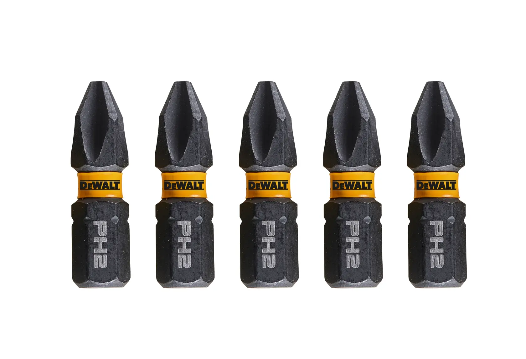Juego de cinco puntas DEWALT PH2 con banda amarilla, alineadas sobre fondo blanco.