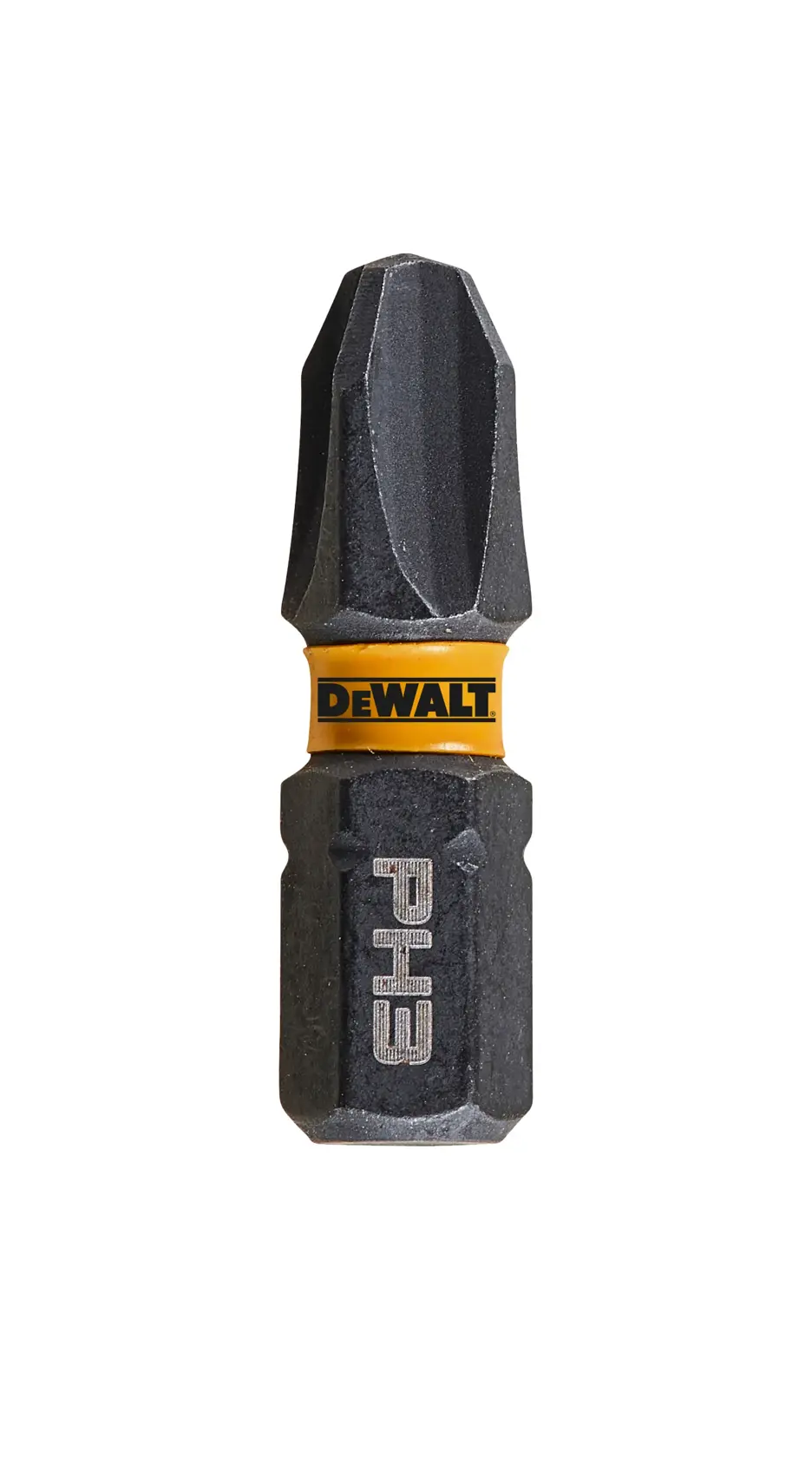 Punta de destornillador DEWALT PH3 con anillo amarillo, primer plano sobre fondo blanco.