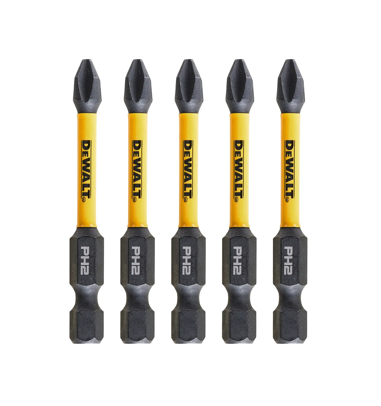 Cinco puntas de destornillador DEWALT PH2 amarillo y negro alineadas sobre fondo blanco.