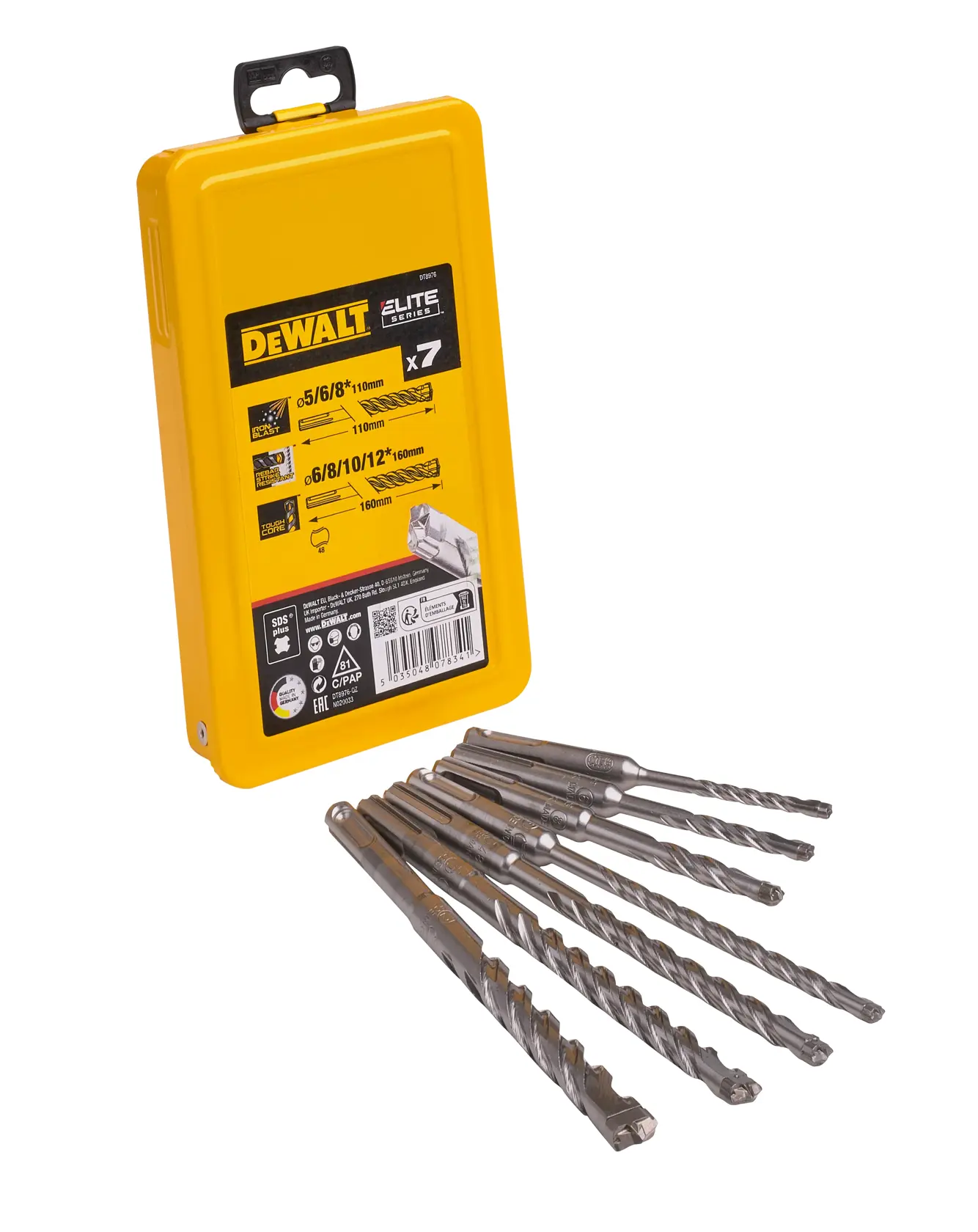 DEWALT® ELITE SDS PLUS Комплект свредла с изцяло твърдосплавна глава и 4 режещи ръба (7 части)