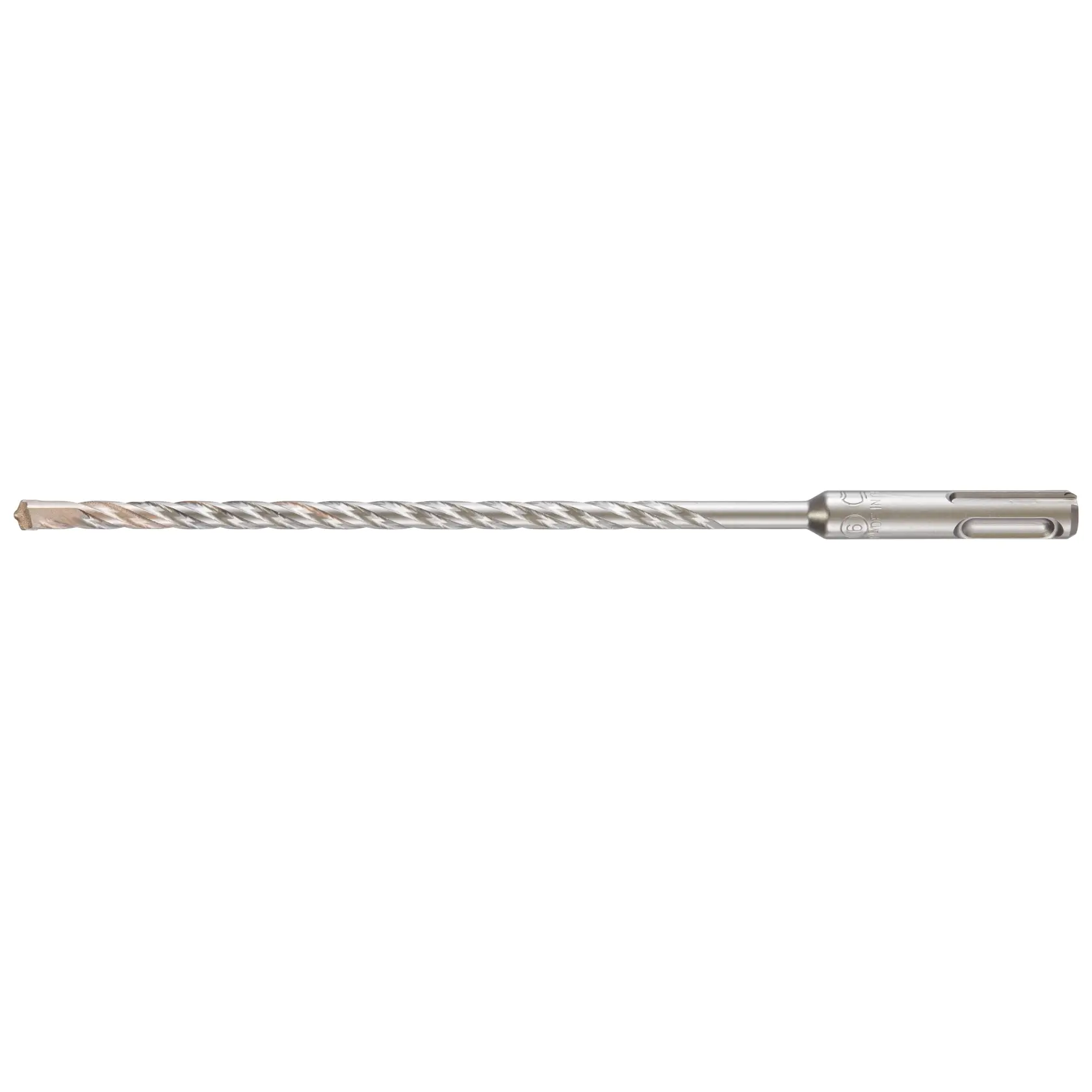 A long metal masonry drill bit with spiral grooves and an SDS-plus shank.
