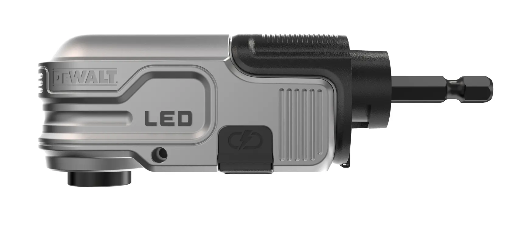DEWALT LED right angle drill attachment with metal body and bit holder, photographed on white background.