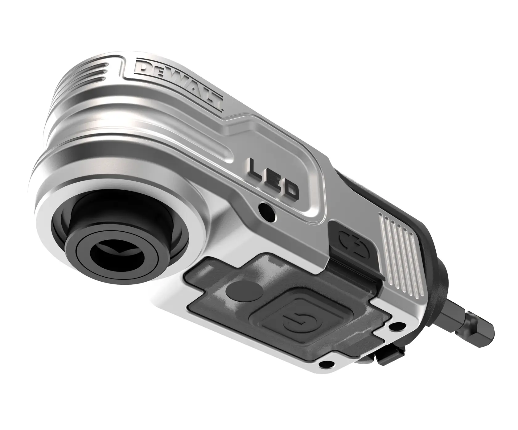 Close-up of a DEWALT LED tool with a silver and black design, showing button and bit holder.