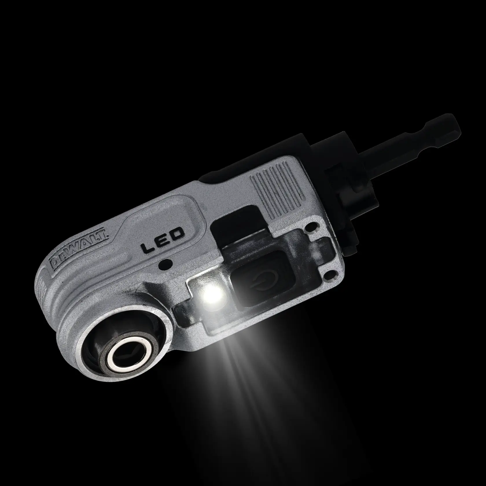 DEWALT tool attachment with LED light switched on, shown on a black background.