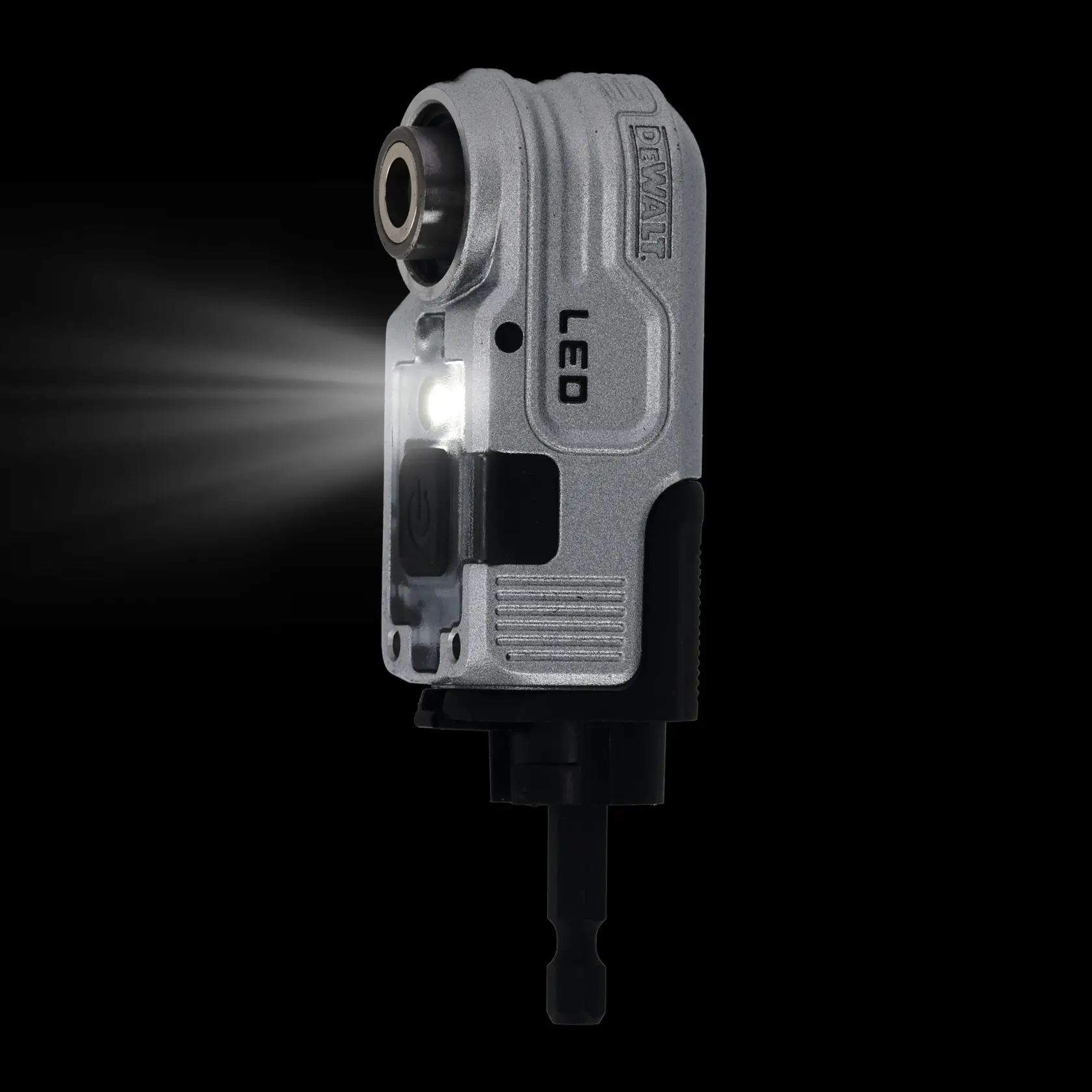 DEWALT LED right angle attachment tool emitting light, shown against a black background.
