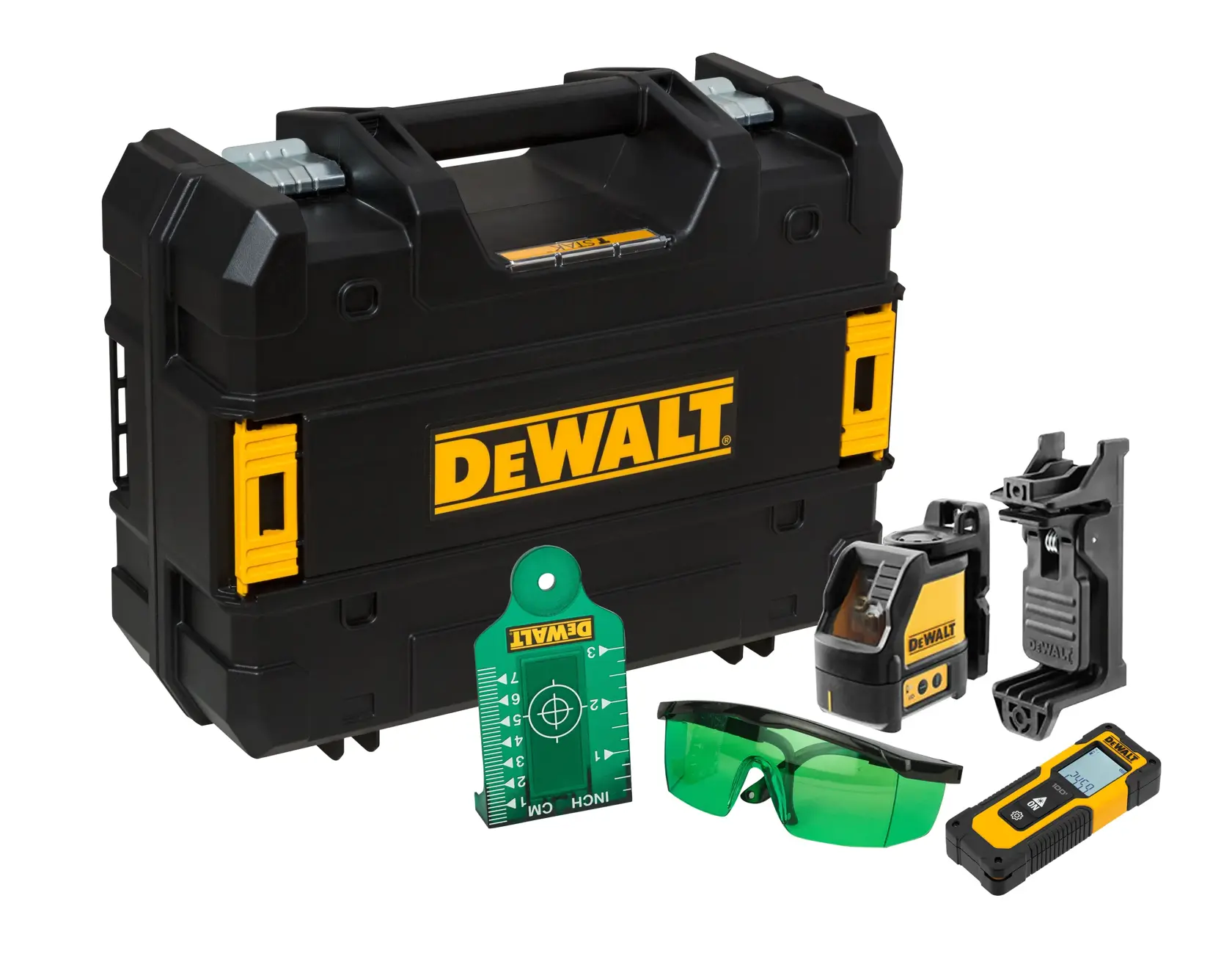DEWALT® 30 м лазерен нивелир с кръстосани линии, зелен лъч и лазерна ролетка