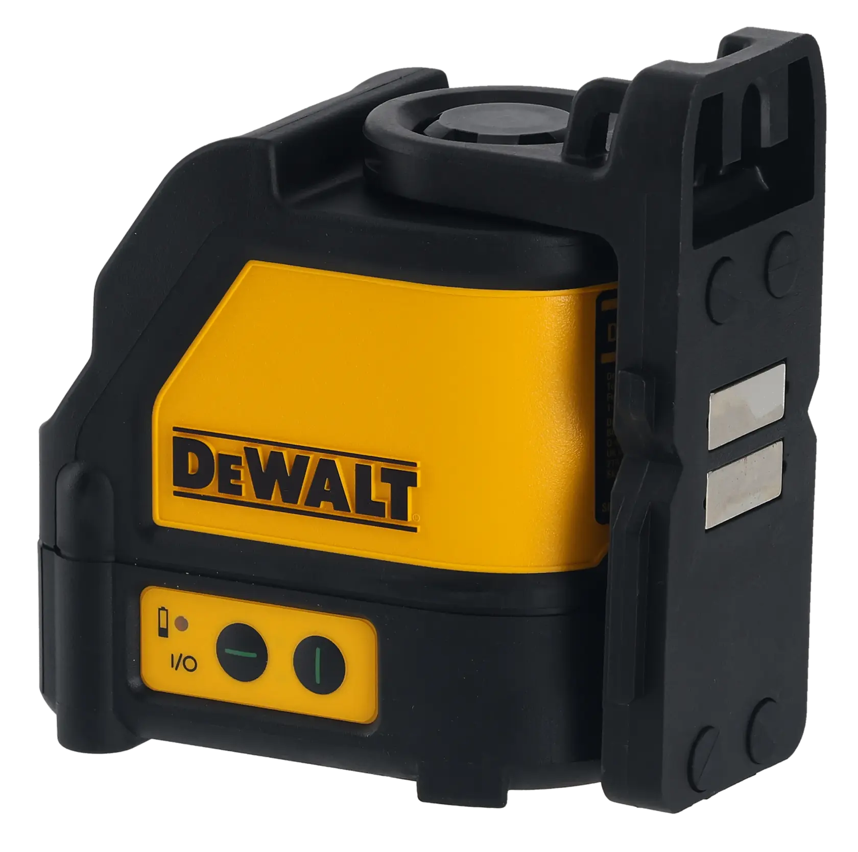 A DeWalt yellow and black laser level tool, featuring control buttons and magnetic brackets on the side. It is designed for precise alignment in construction and photography.