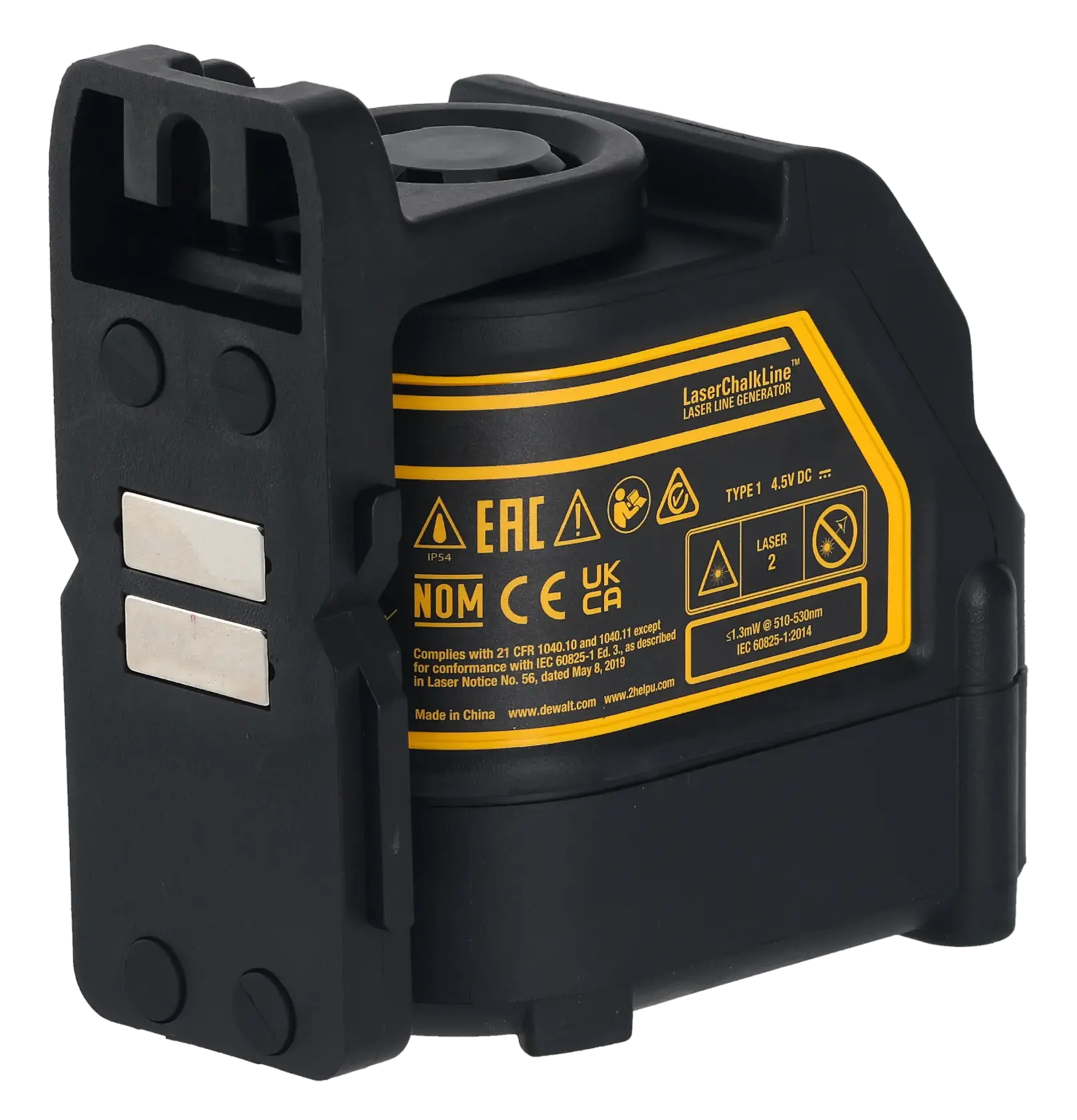 A black and yellow laser line generator device, featuring caution and certification labels on its side. The device has a rugged design with metallic attachment points and is used for creating straight laser lines in photography and construction settings.