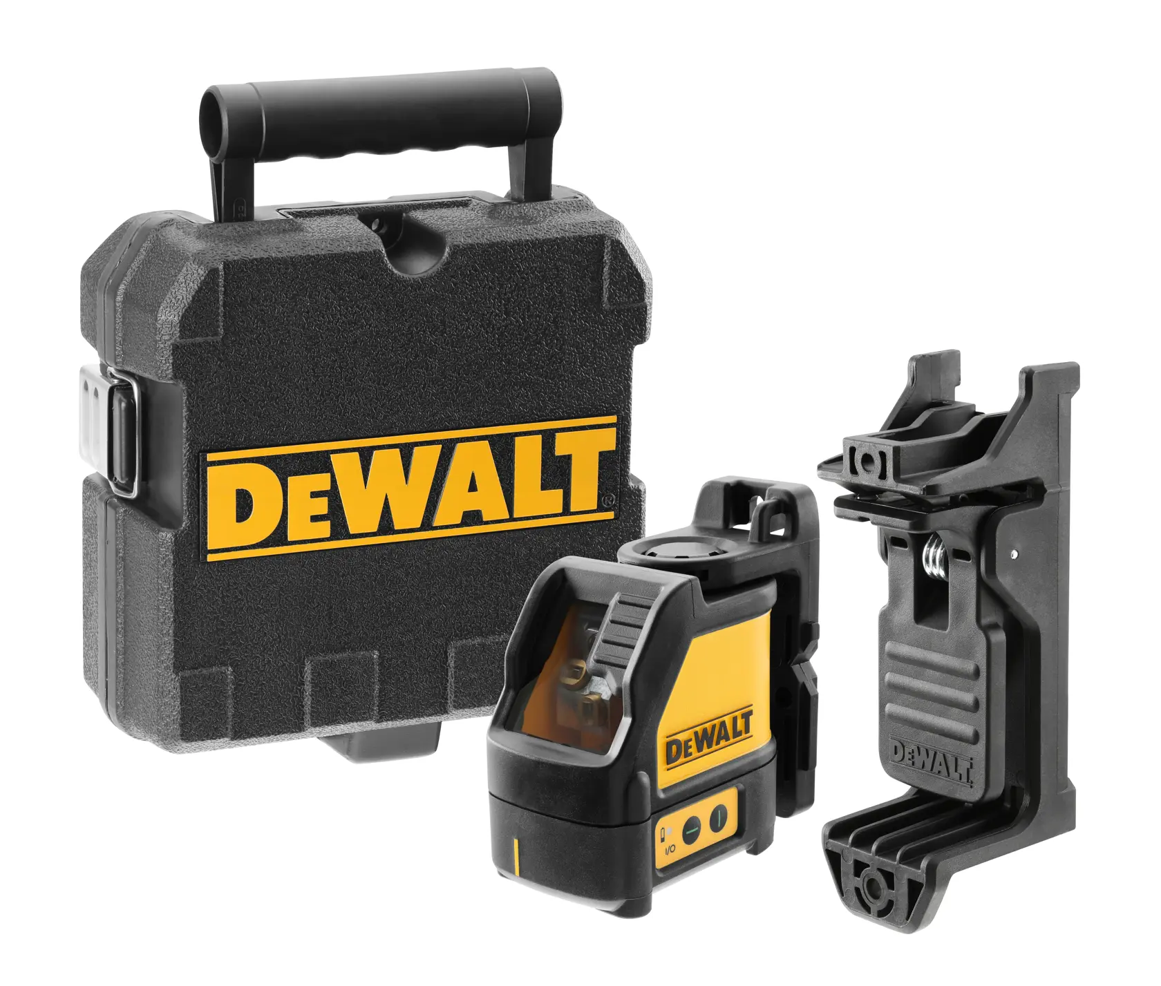 A yellow and black DEWALT branded laser level device with control buttons on the front.