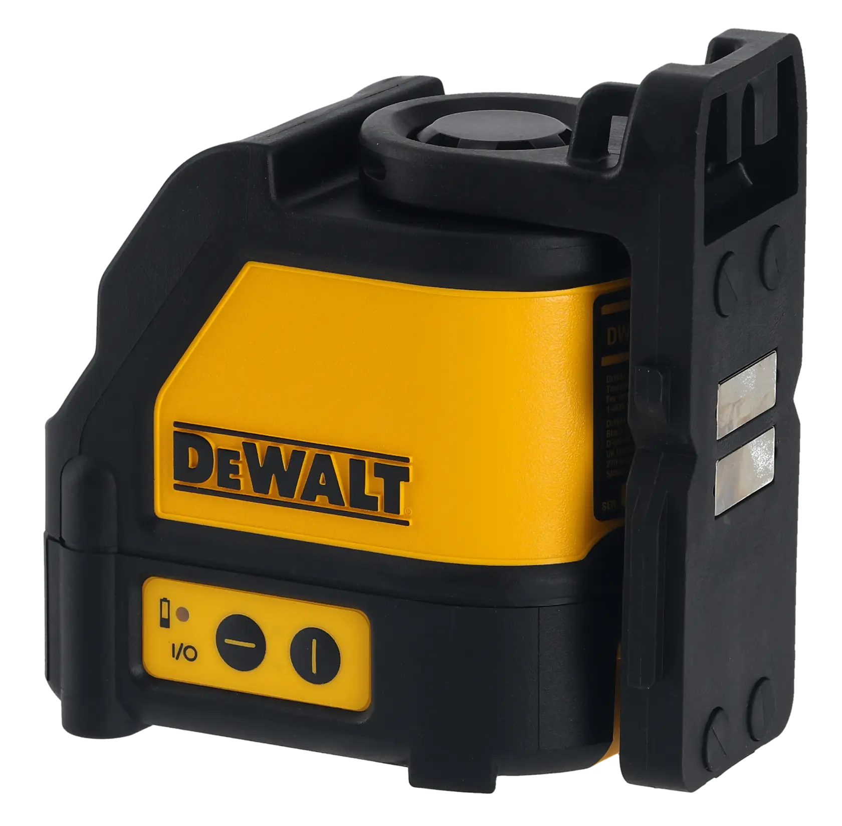 The DEWALT Alkaline Red Beam Cross Line Laser in foreground attached to metal frame using the magnetic wall bracket, red laser is on and worker onsite in background.