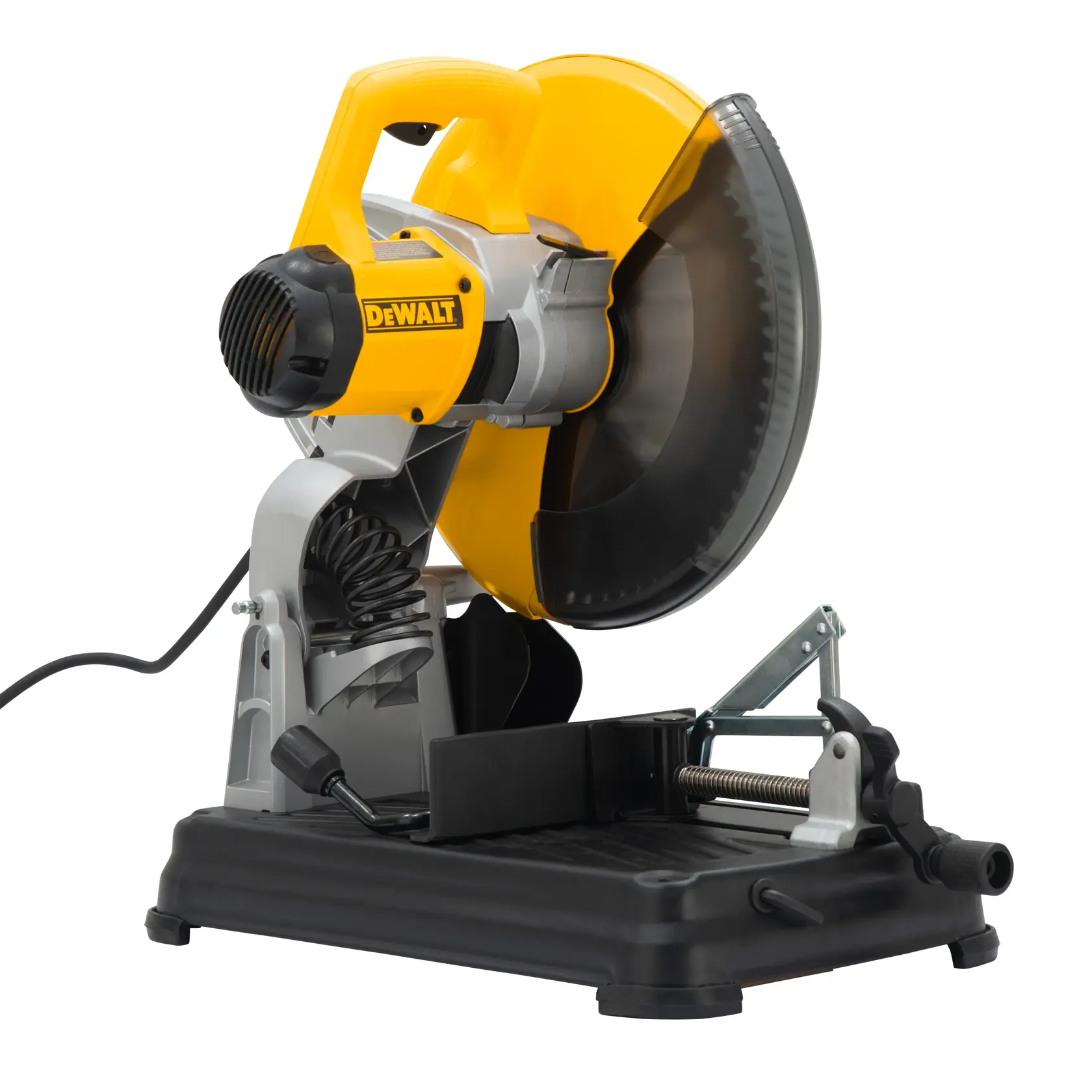 A DEWALT-branded chop saw with a yellow housing, used for cutting metal and other materials. The saw features a circular blade, a handle, and a sturdy black base with a clamp for securing materials. The power cord is visible on the left side.