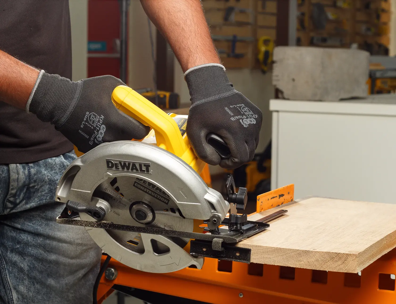 DEWALT saw in use on wood. SKUs: DT10302-QZ, DT10302. Photography category.