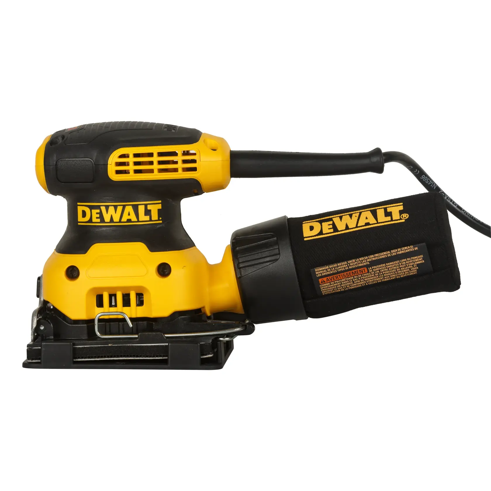 A close-up view of a yellow and black DEWALT electric sander with a cord, designed for sanding surfaces. The tool features a dust extraction port and metal clips for securing sandpaper.