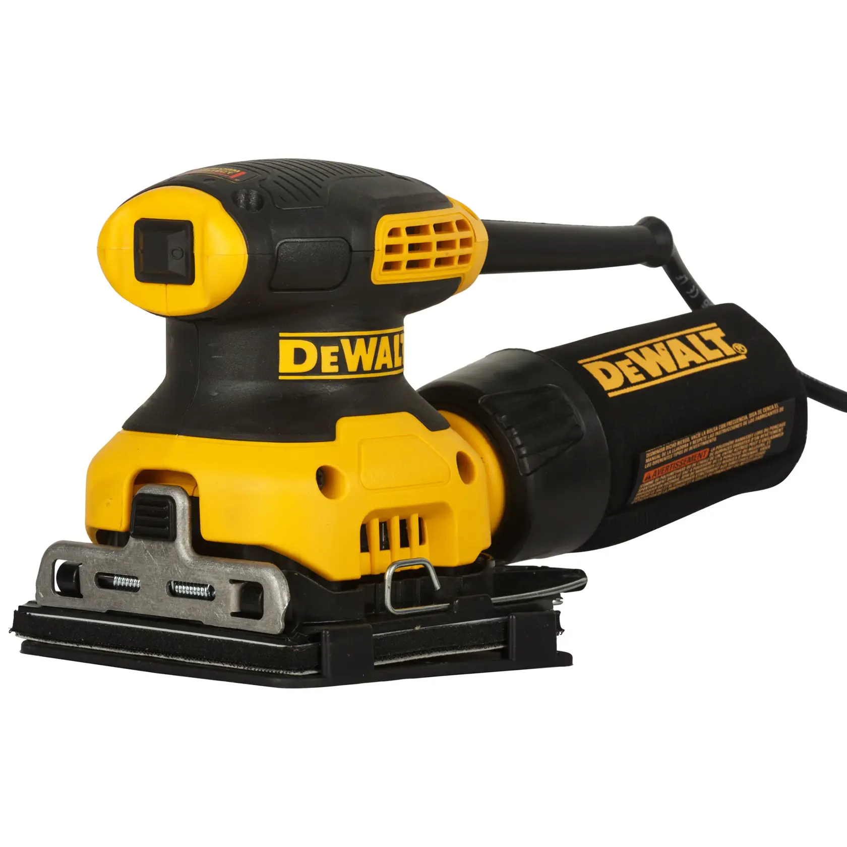 A close-up photo of a person wearing work gloves using a yellow DEWALT palm sander (SKU: DWE6411) to sand the surface of a wooden board outdoors.