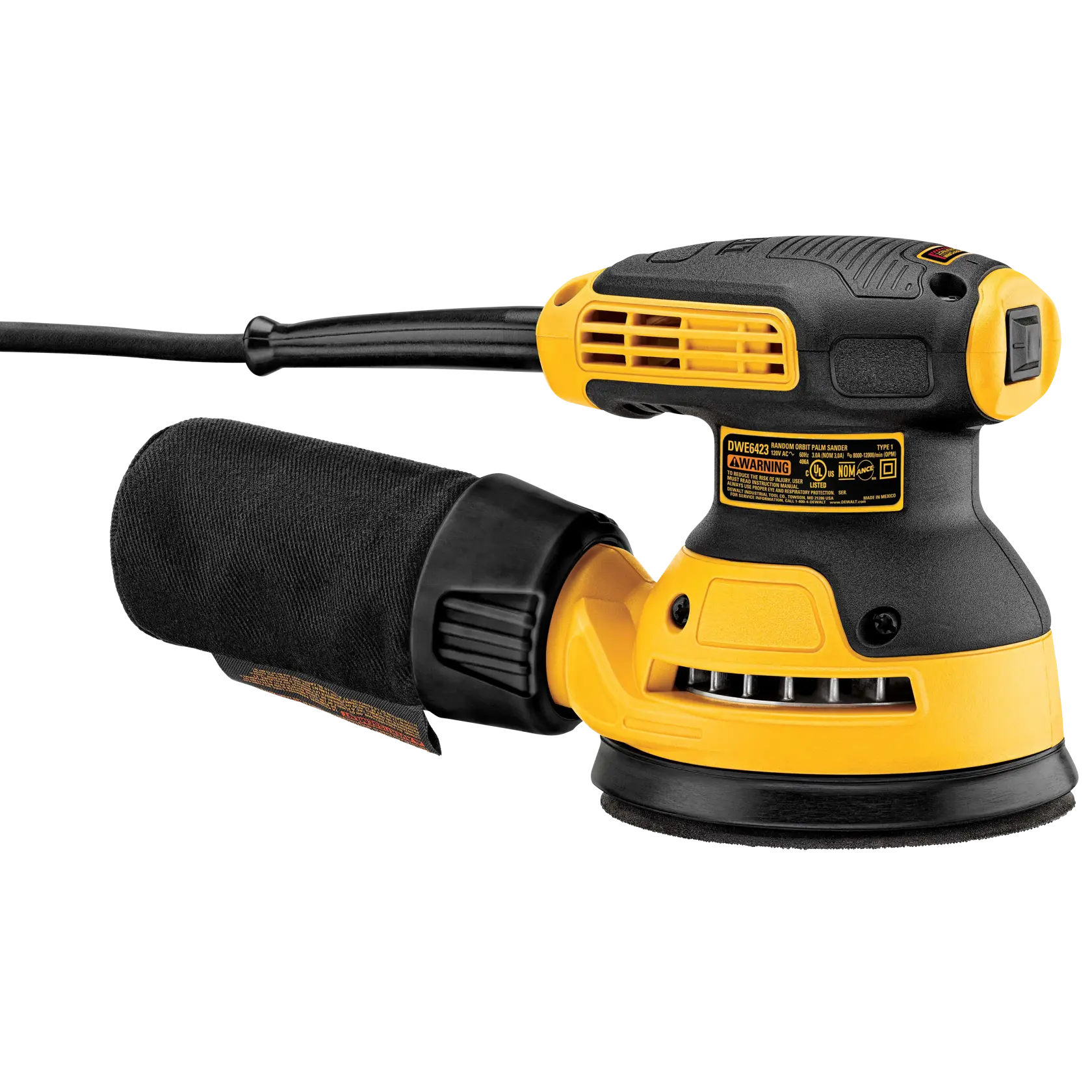 A DEWALT electric random orbital sander, model DWE6423, shown in black and yellow, with a power cord attached. The sander has a visible speed control dial and is designed for smooth sanding finishes.