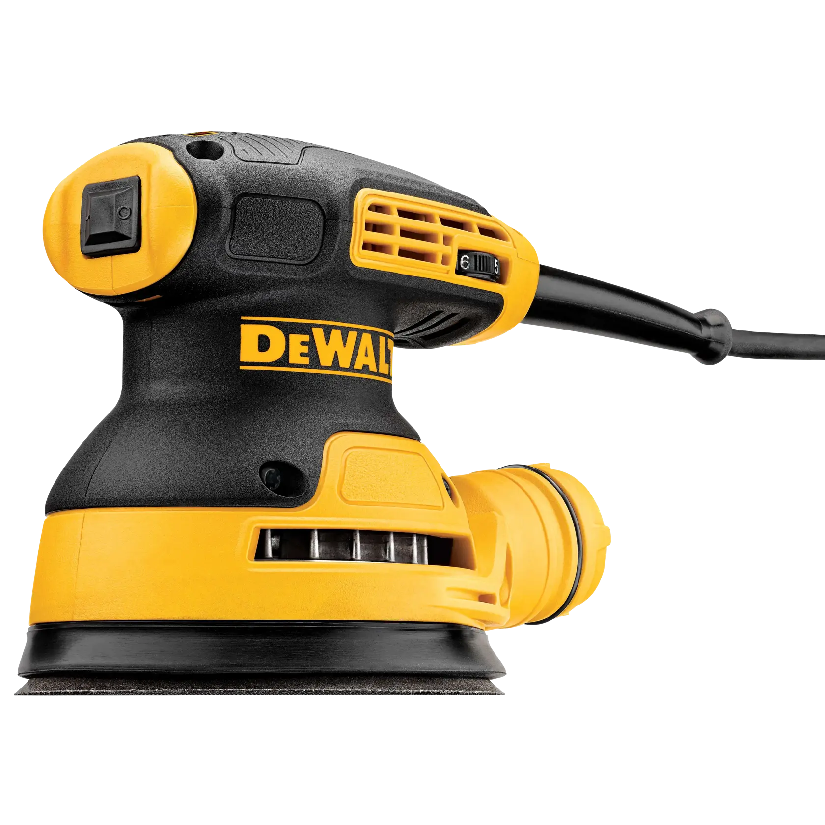 A person using a DEWALT DWE6423 random orbital sander to sand a wooden door in a woodworking shop. Some metal hardware pieces are positioned on the table nearby, and the person is wearing a protective mask.