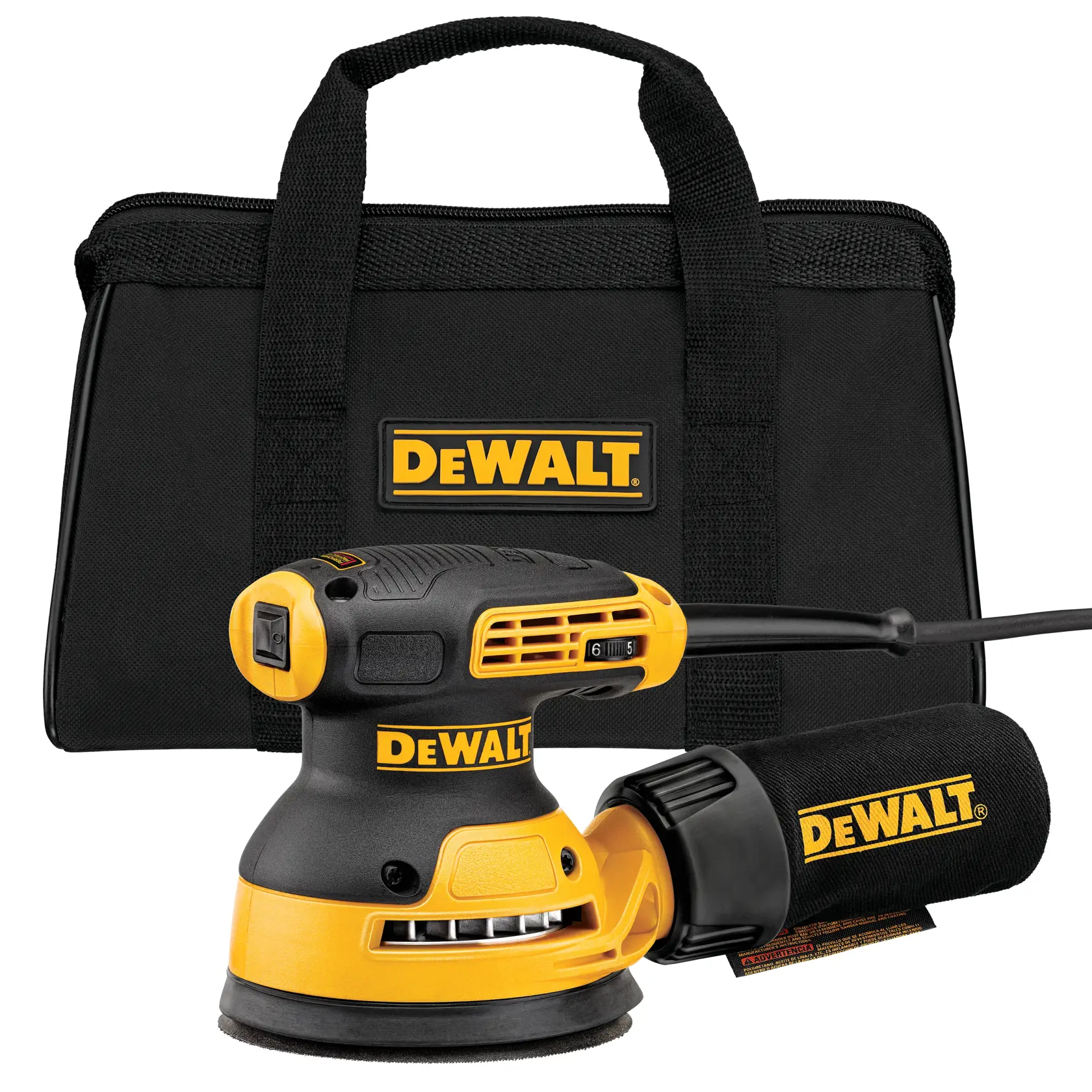 A DEWALT random orbital sander with a dust bag and a black carrying case, all displaying the DEWALT logo.