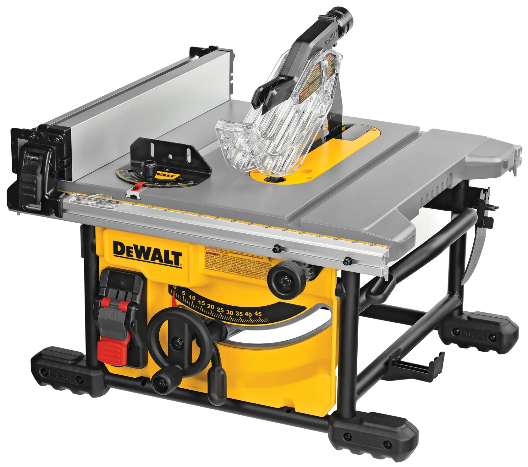DEWALT branded tabletop electric circular saw with a yellow and black base, adjustable gauge, and a transparent blade guard. The saw is designed for cutting wood and is mounted on a sturdy frame.