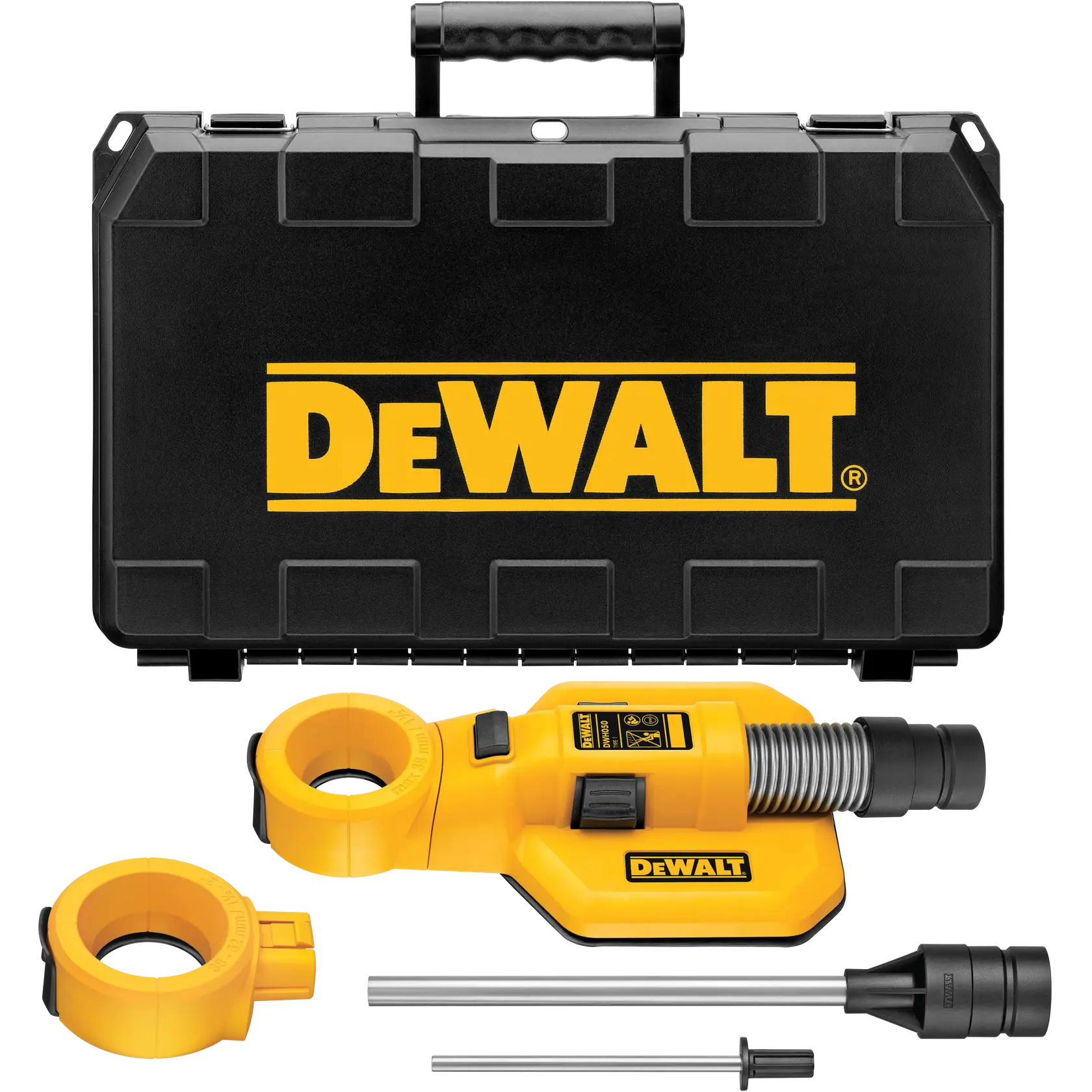 DEWALT DWH050 drill dust extraction attachment kit with black carrying case and yellow accessories, including the main dust shroud, side handle collar, rods, and adapter.