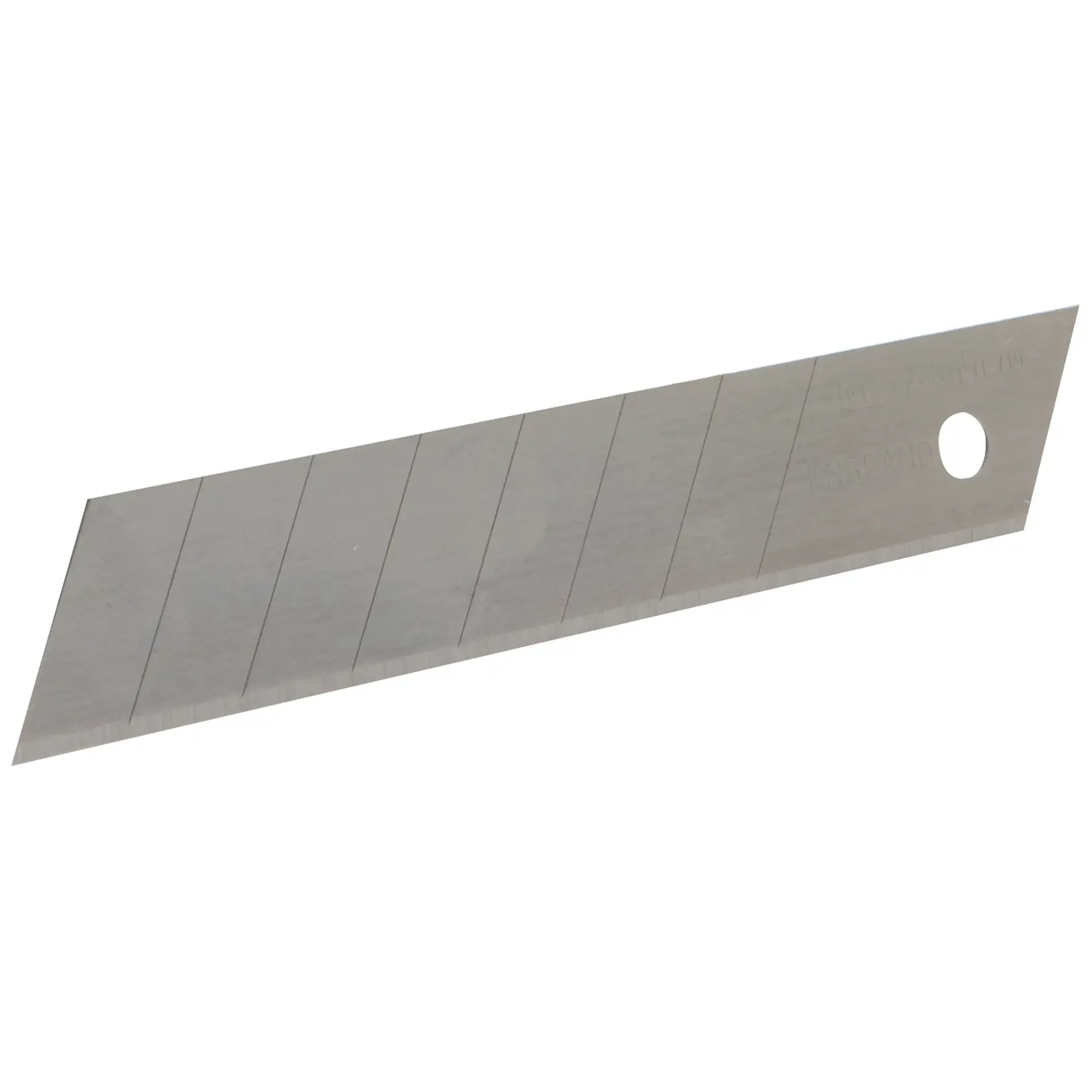 A segmented snap-off utility knife blade made of metal, shown on a white background. The blade has several scored sections and a hole at one end.