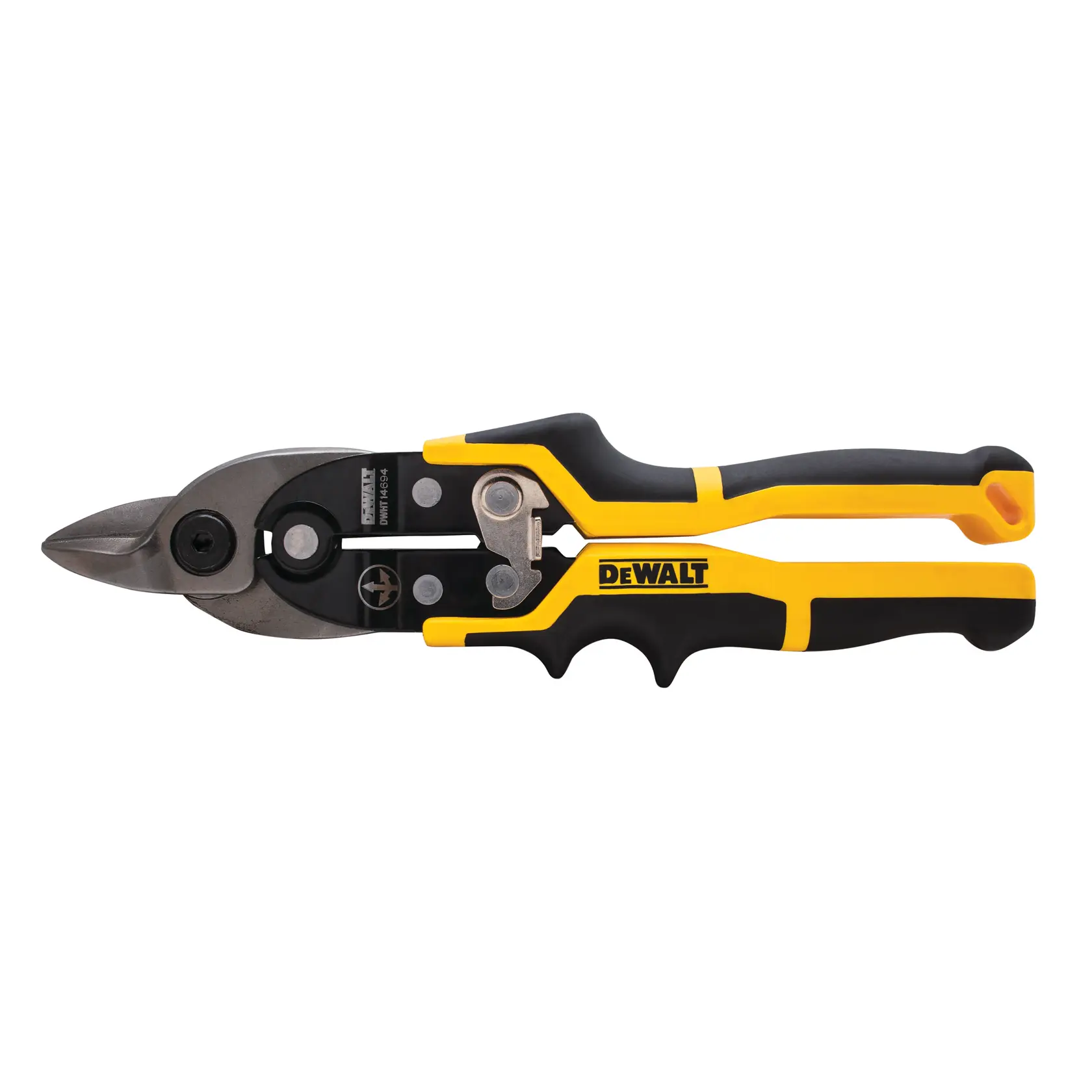A pair of DEWALT aviation snips featuring black and yellow ergonomic handles and a metal cutting blade, designed for cutting sheet metal.