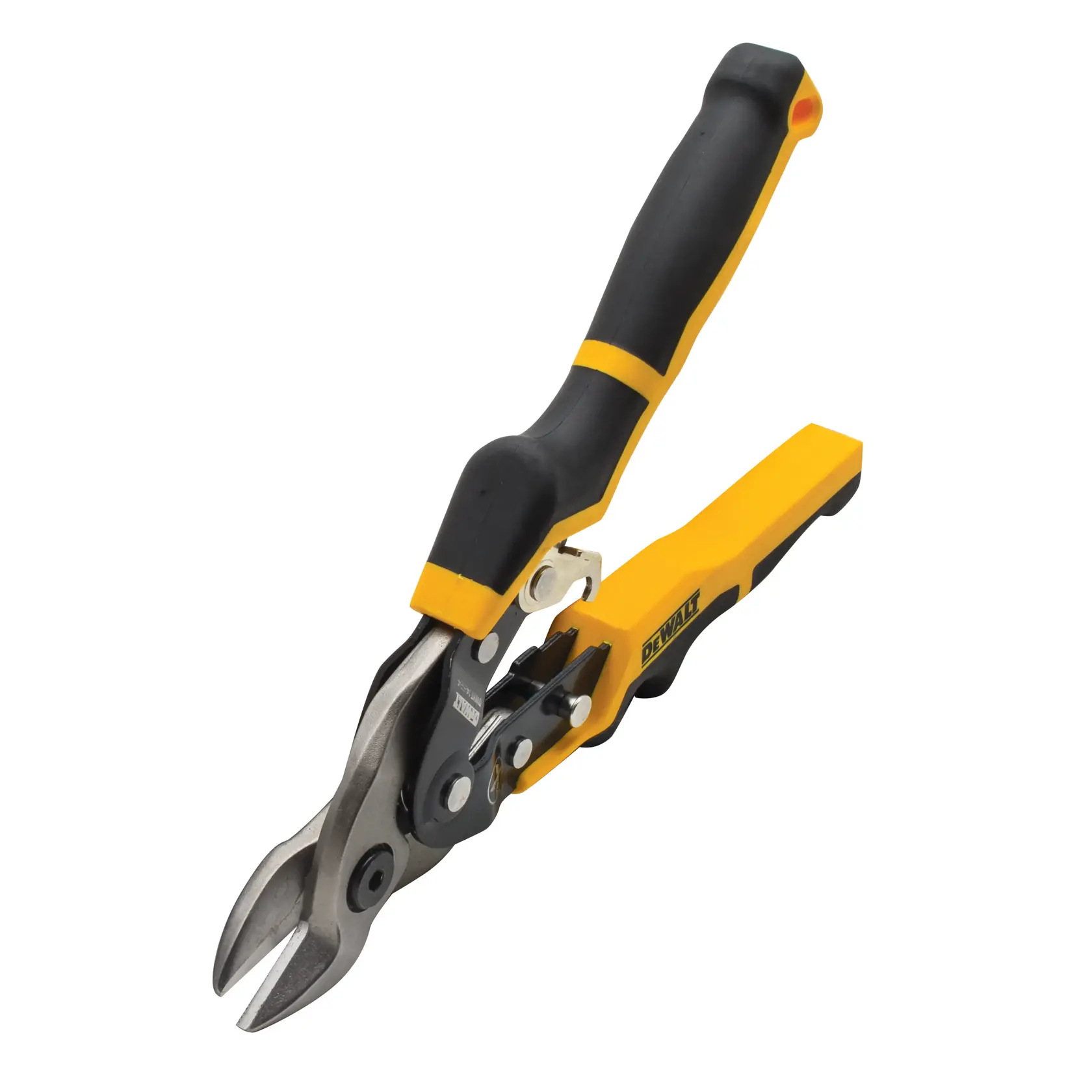 A DEWALT aviation snip with yellow and black ergonomic handles, designed for cutting metal sheets, shown against a white background.