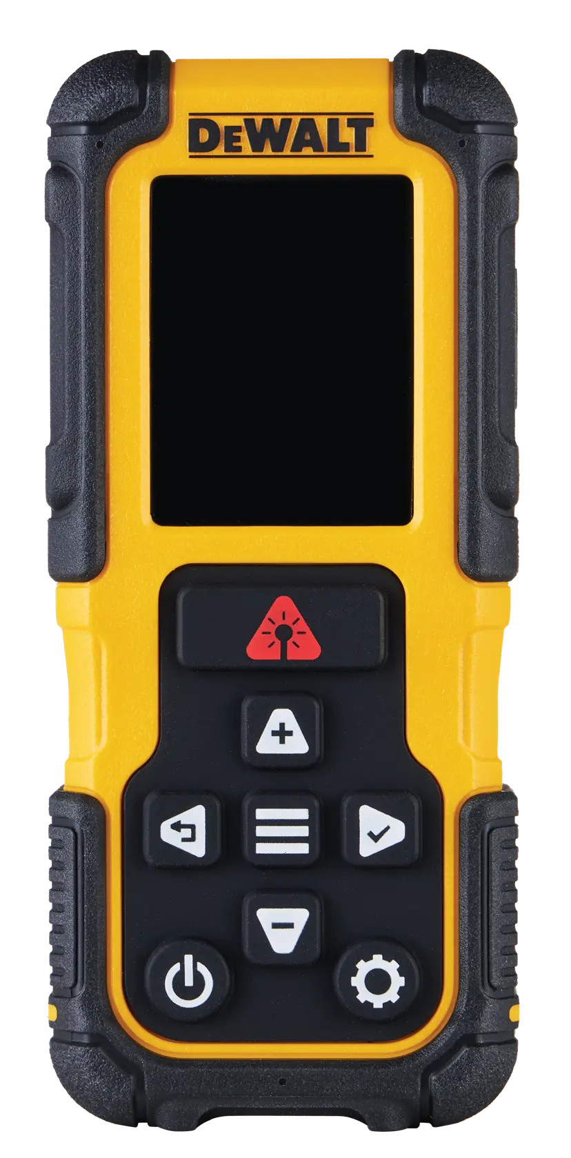 A DEWALT handheld laser distance measurer with a yellow and black rugged exterior, featuring a display screen and several control buttons below.