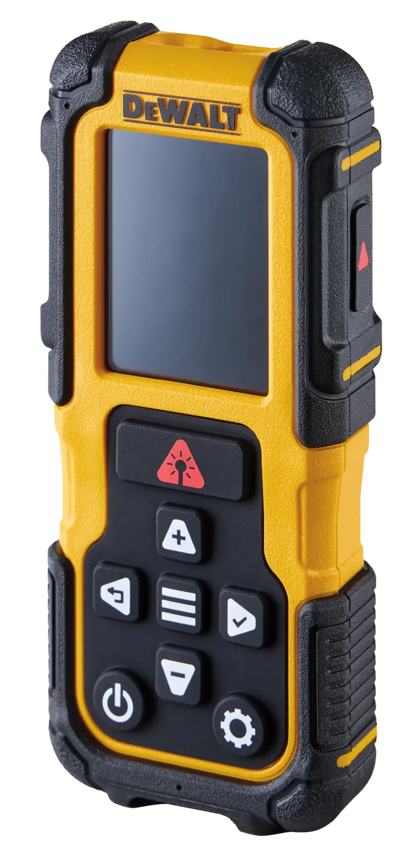 A DEWALT-branded electronic device featuring a screen and multiple control buttons, designed with a rugged yellow and black casing. The device appears to be a handheld laser measure or distance meter.