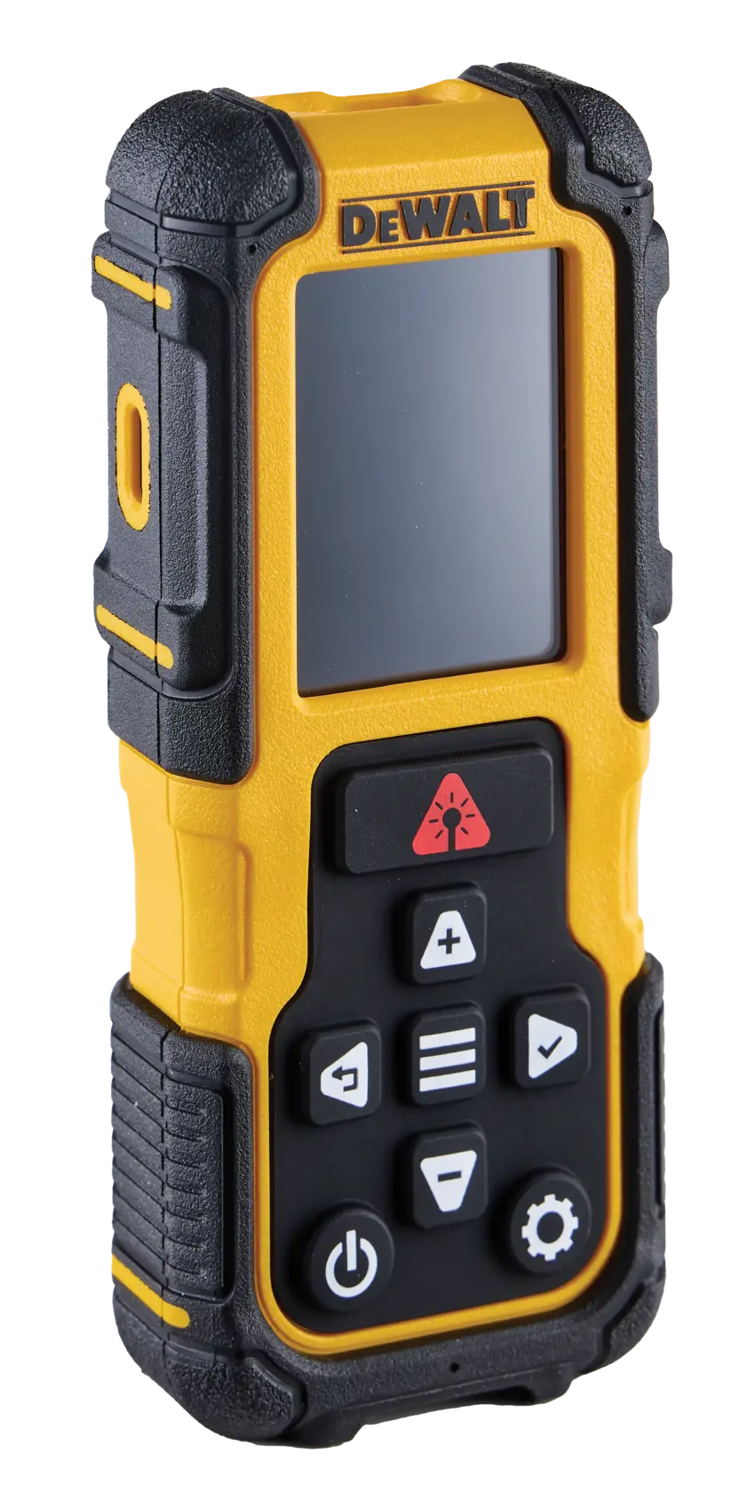 A DEWALT handheld laser distance measurer with a yellow and black rugged casing, digital display screen, and several control buttons.