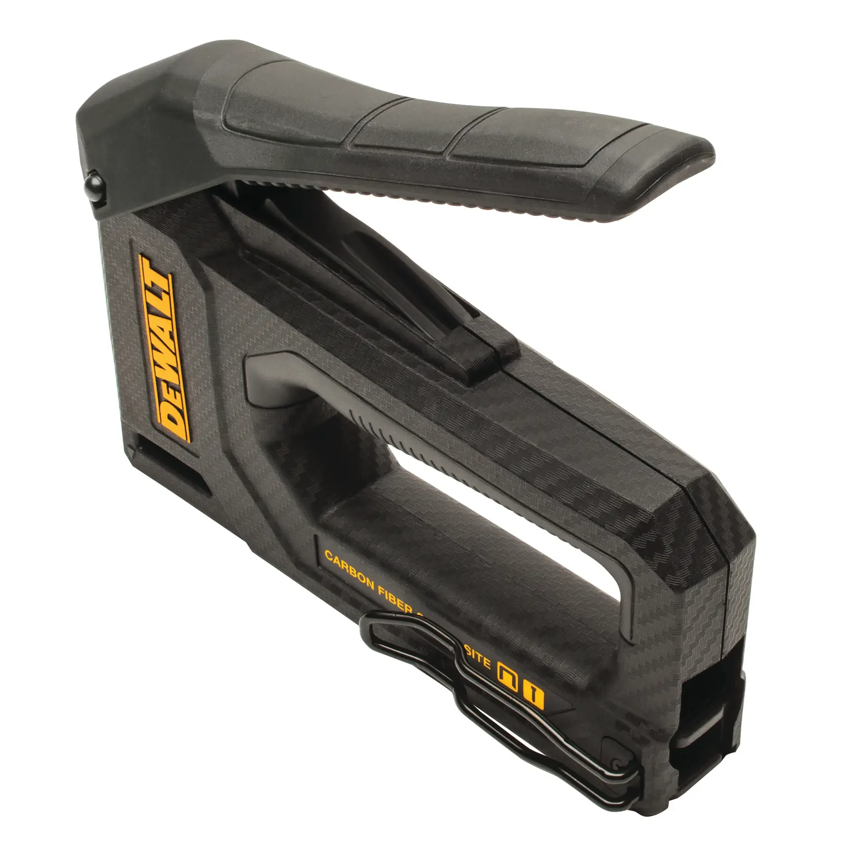 Close up of  Carbon Fiber Composite Staple Gun being used to staple material.