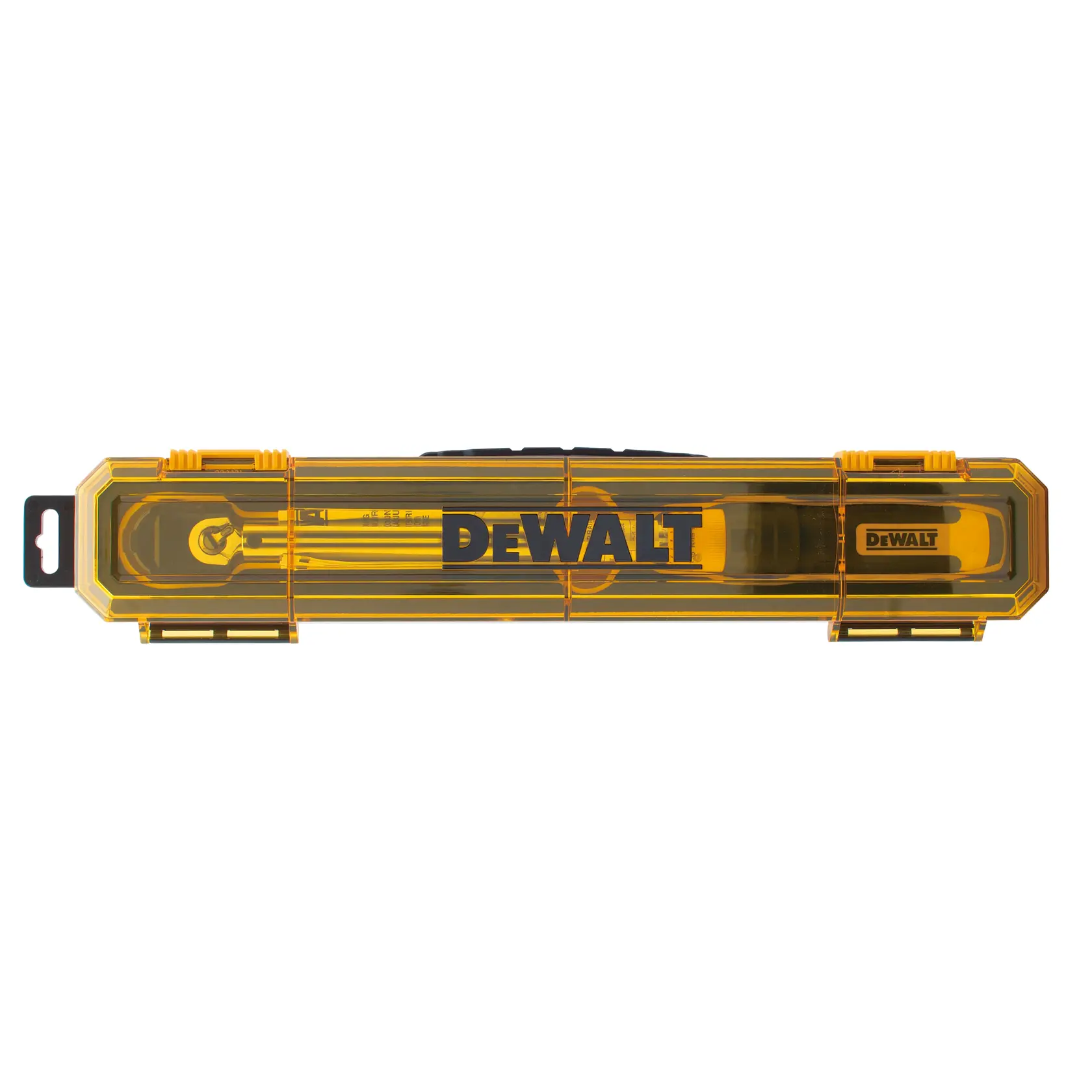 Side view of DEWALT micrometer torque wrenches packed in their case.