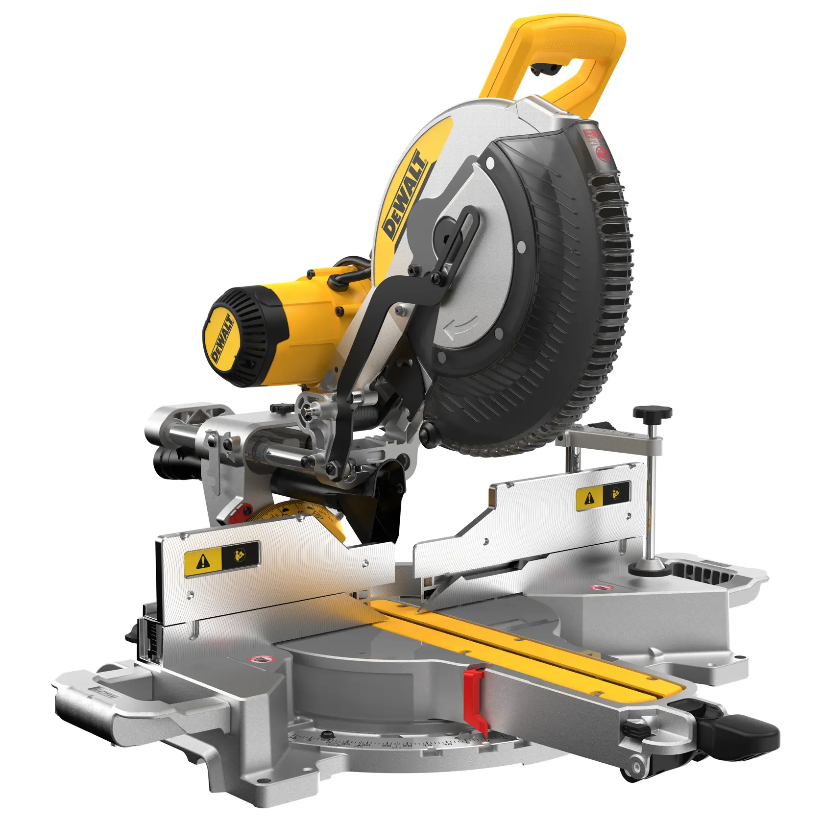 A DEWALT DWS780 sliding compound miter saw with a yellow and black design, featuring a circular saw blade, adjustable fence, and dust collection bag.
