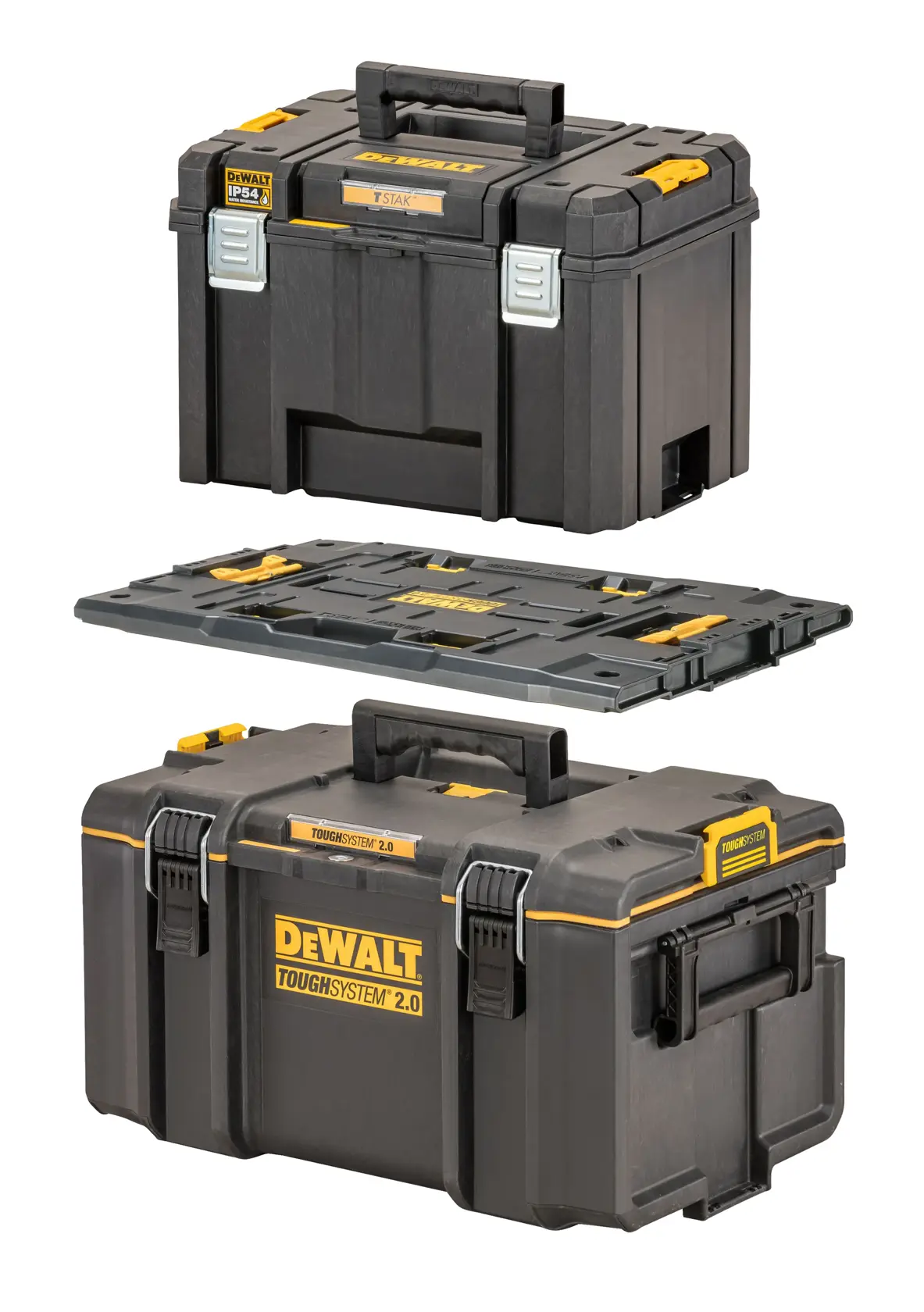 Adapter plate hovers between a large TOUGHSYSTEM case at the bottom and a TSTAK case at the top