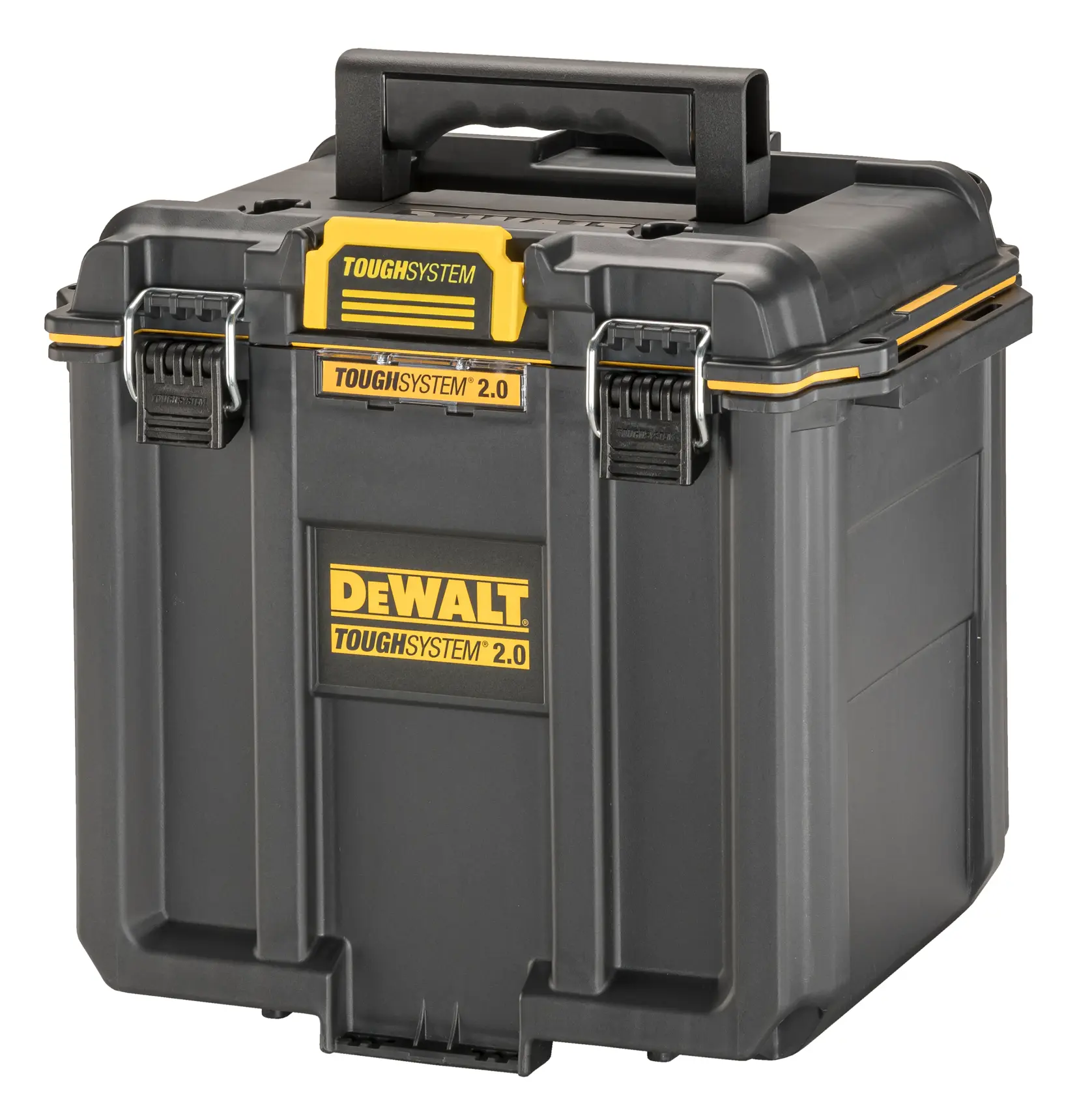 DEWALT ToughSystem 2.0 promotional graphic with the slogan 'Storage Built to Handle It' in large, bold yellow lettering on a dark, textured background.