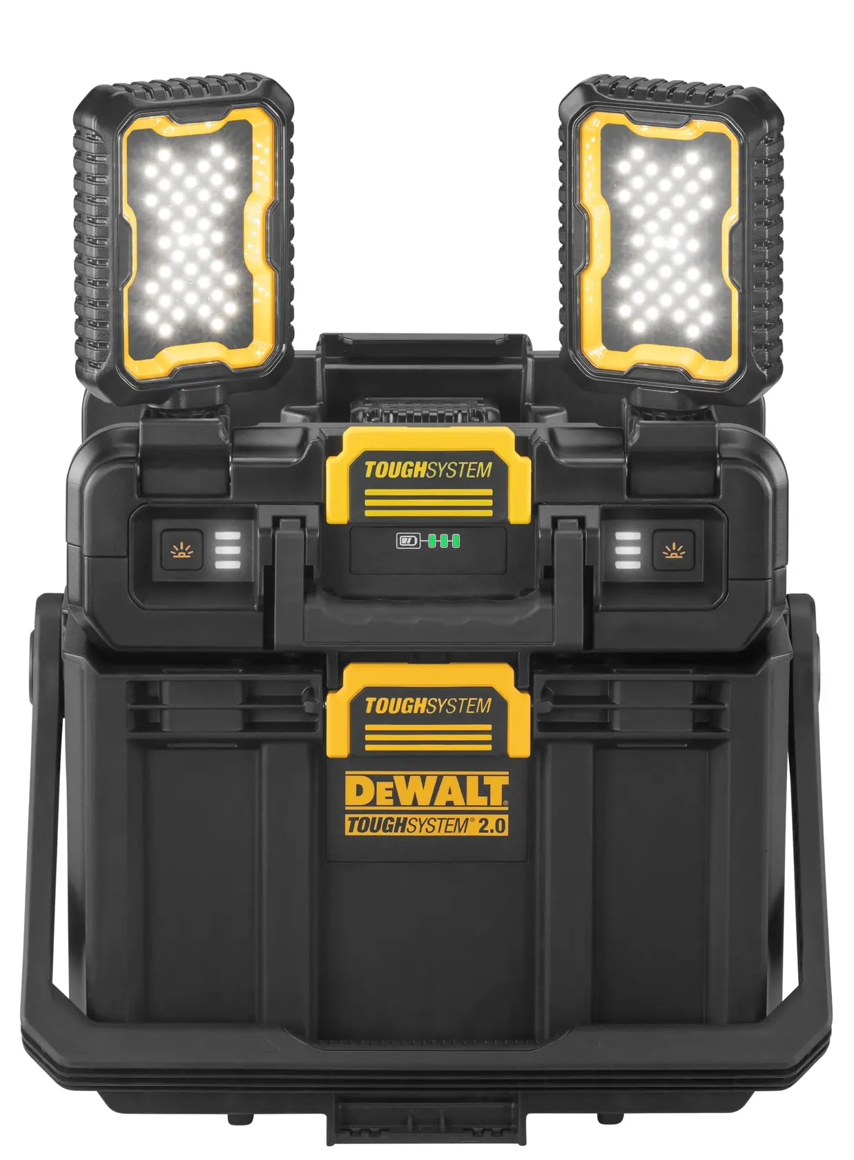 DEWALT ToughSystem 2.0 promotional graphic with the slogan 'Storage Built to Handle It' in large, bold yellow lettering on a dark, textured background.