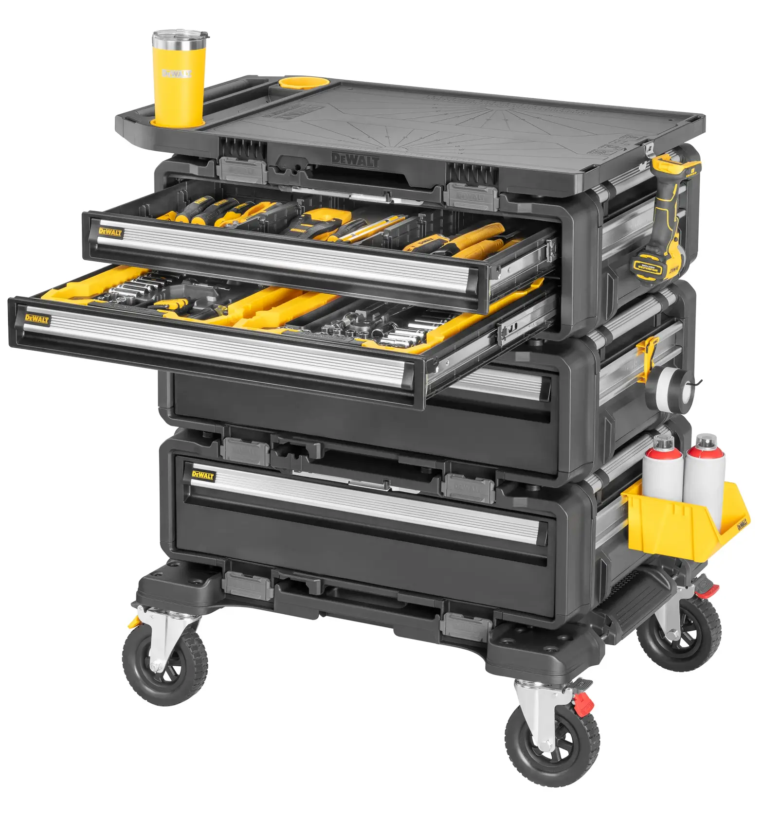 Toughsystem 2.0 DXL 5 in 1 Tower shown from ¾ right angle, top drawers open showing tools in trays