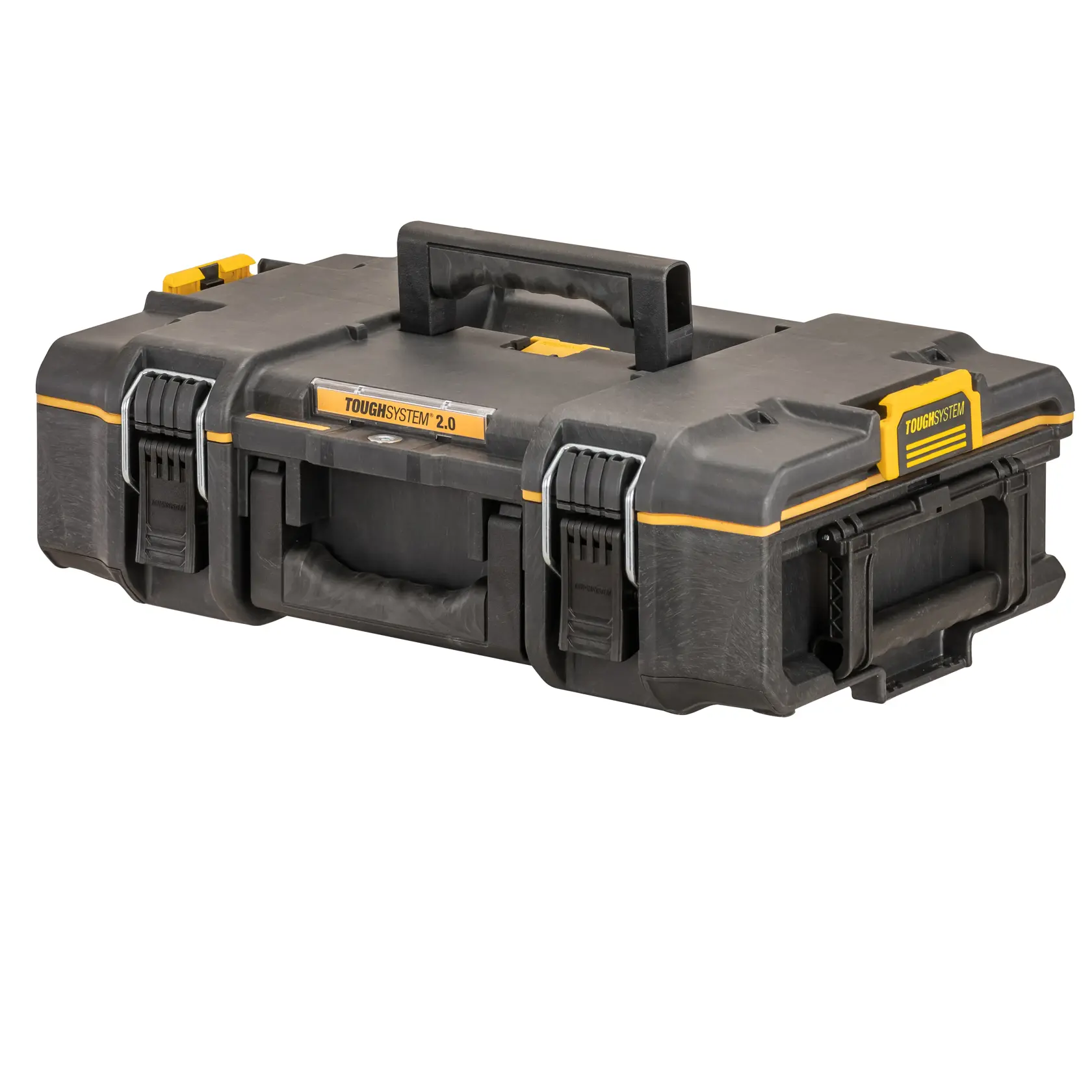 DEWALT ToughSystem 2.0 promotional graphic with the slogan 'Storage Built to Handle It' in large, bold yellow lettering on a dark, textured background.