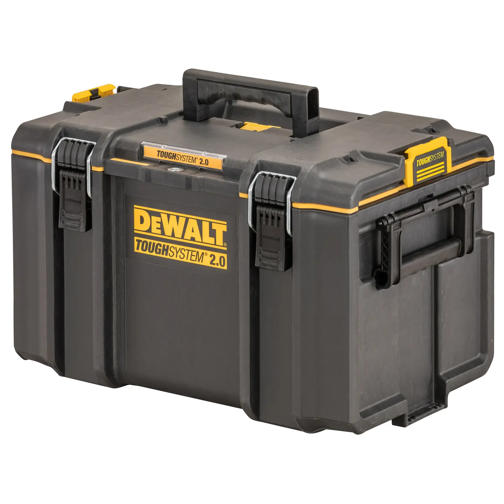 DEWALT ToughSystem 2.0 promotional graphic with the slogan 'Storage Built to Handle It' in large, bold yellow lettering on a dark, textured background.