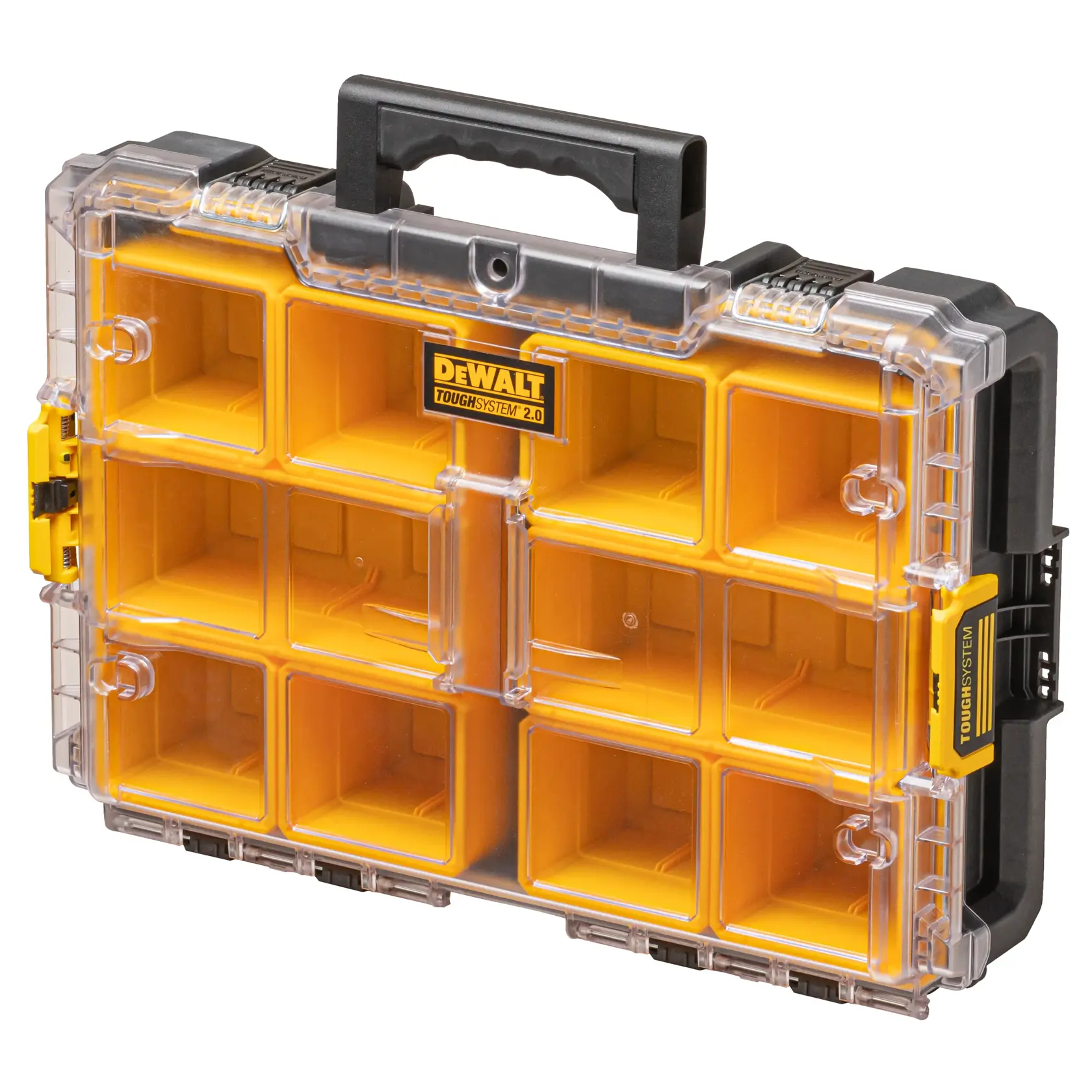 DEWALT ToughSystem 2.0 promotional graphic with the slogan 'Storage Built to Handle It' in large, bold yellow lettering on a dark, textured background.