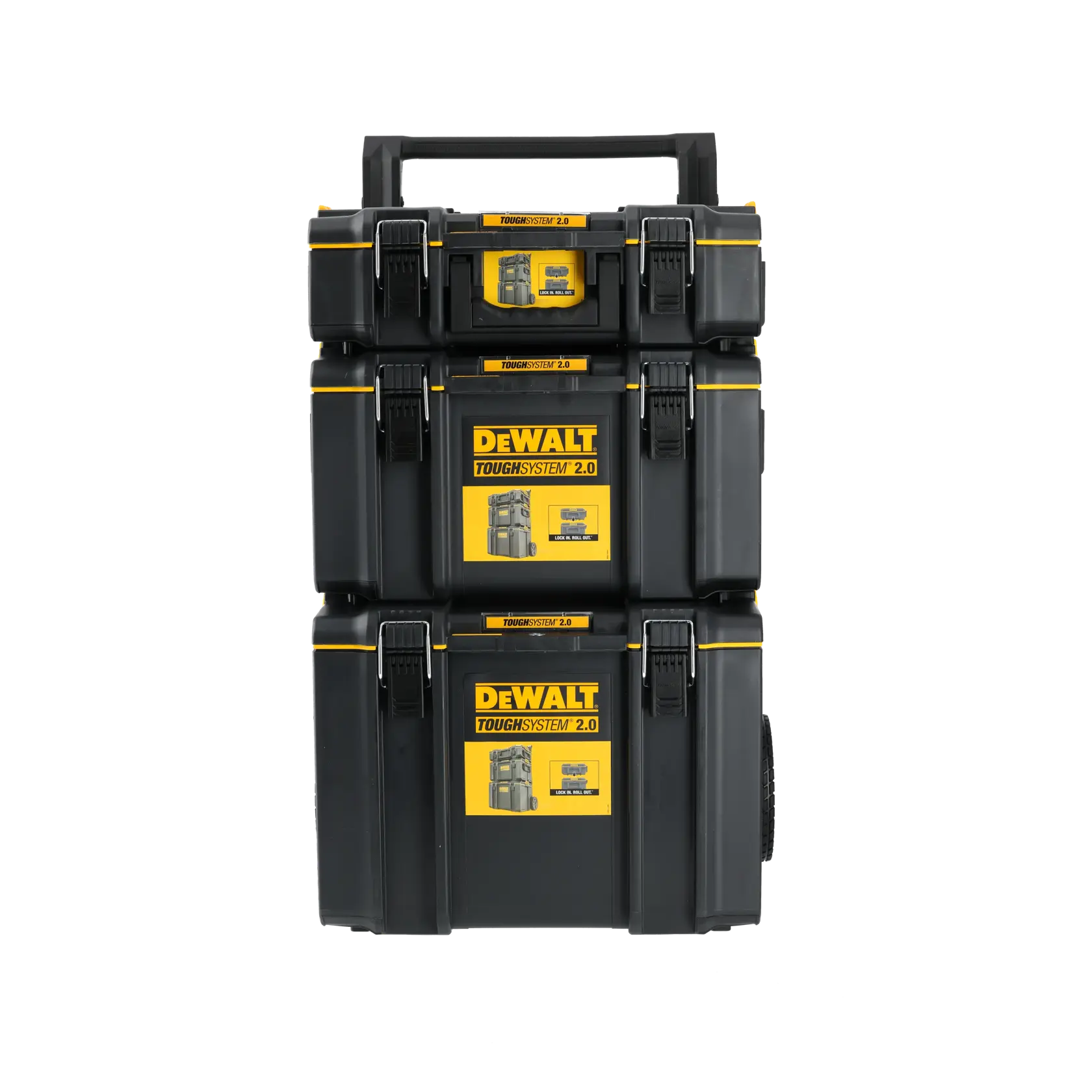 DEWALT ToughSystem 2.0 promotional graphic with the slogan 'Storage Built to Handle It' in large, bold yellow lettering on a dark, textured background.