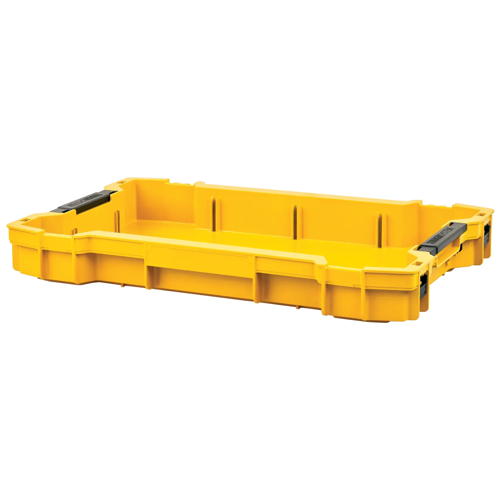 DEWALT ToughSystem 2.0 promotional graphic with the slogan 'Storage Built to Handle It' in large, bold yellow lettering on a dark, textured background.