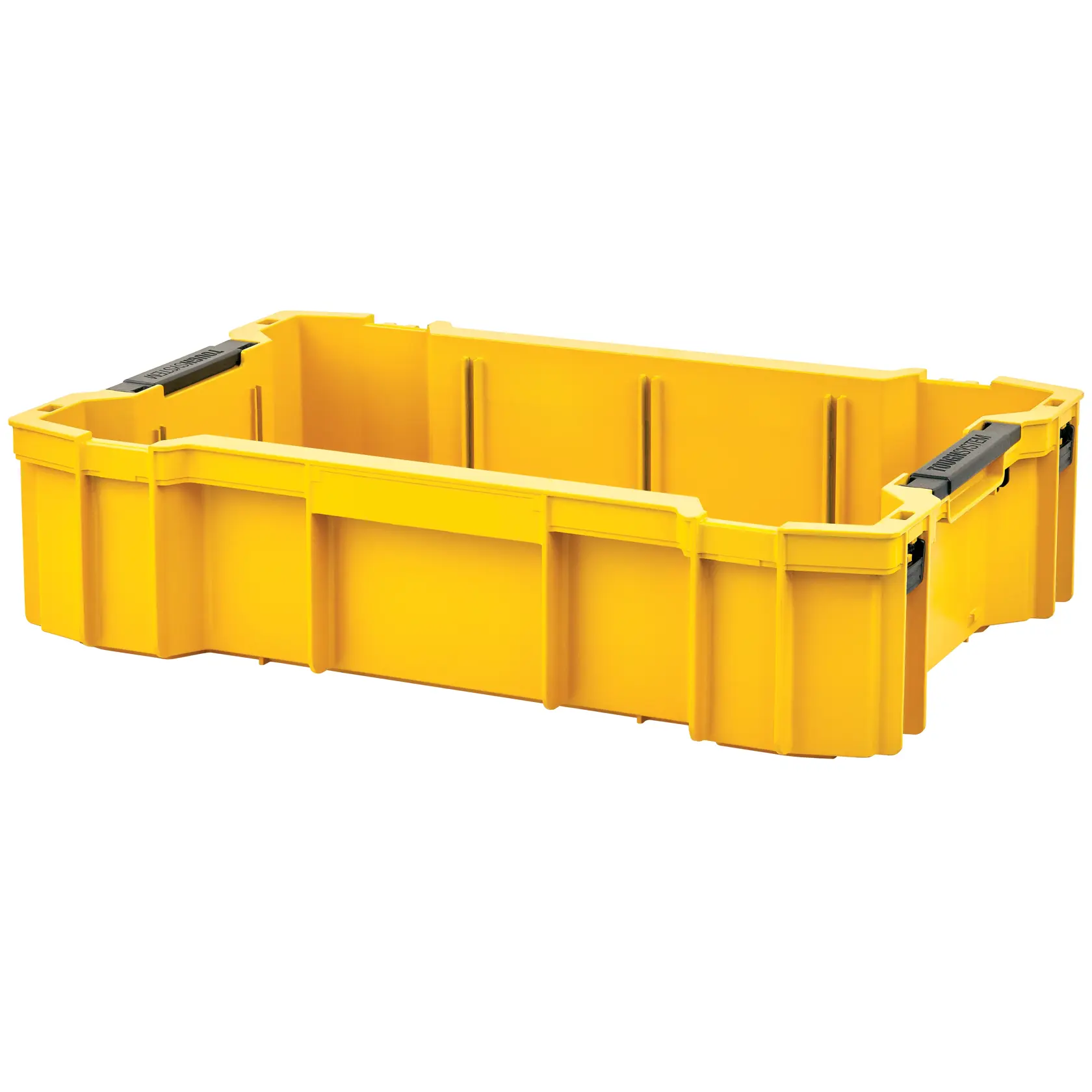 DEWALT ToughSystem 2.0 promotional graphic with the slogan 'Storage Built to Handle It' in large, bold yellow lettering on a dark, textured background.